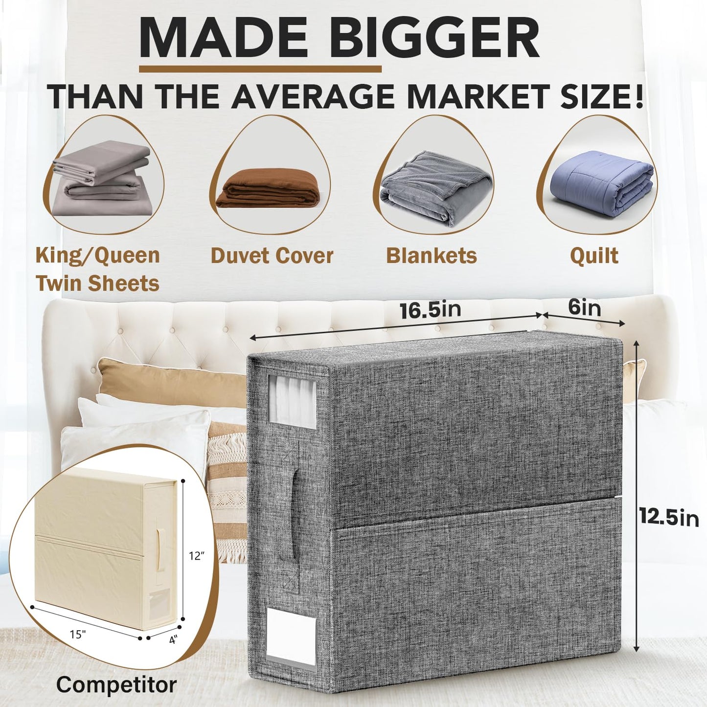 Slumber Sort Foldable Linen Closet Organizers And Storage - King,Queen and Twin Comforter, Blanket & Closet Storage - Extra Large Bedding container(Gray, 3 Pack)