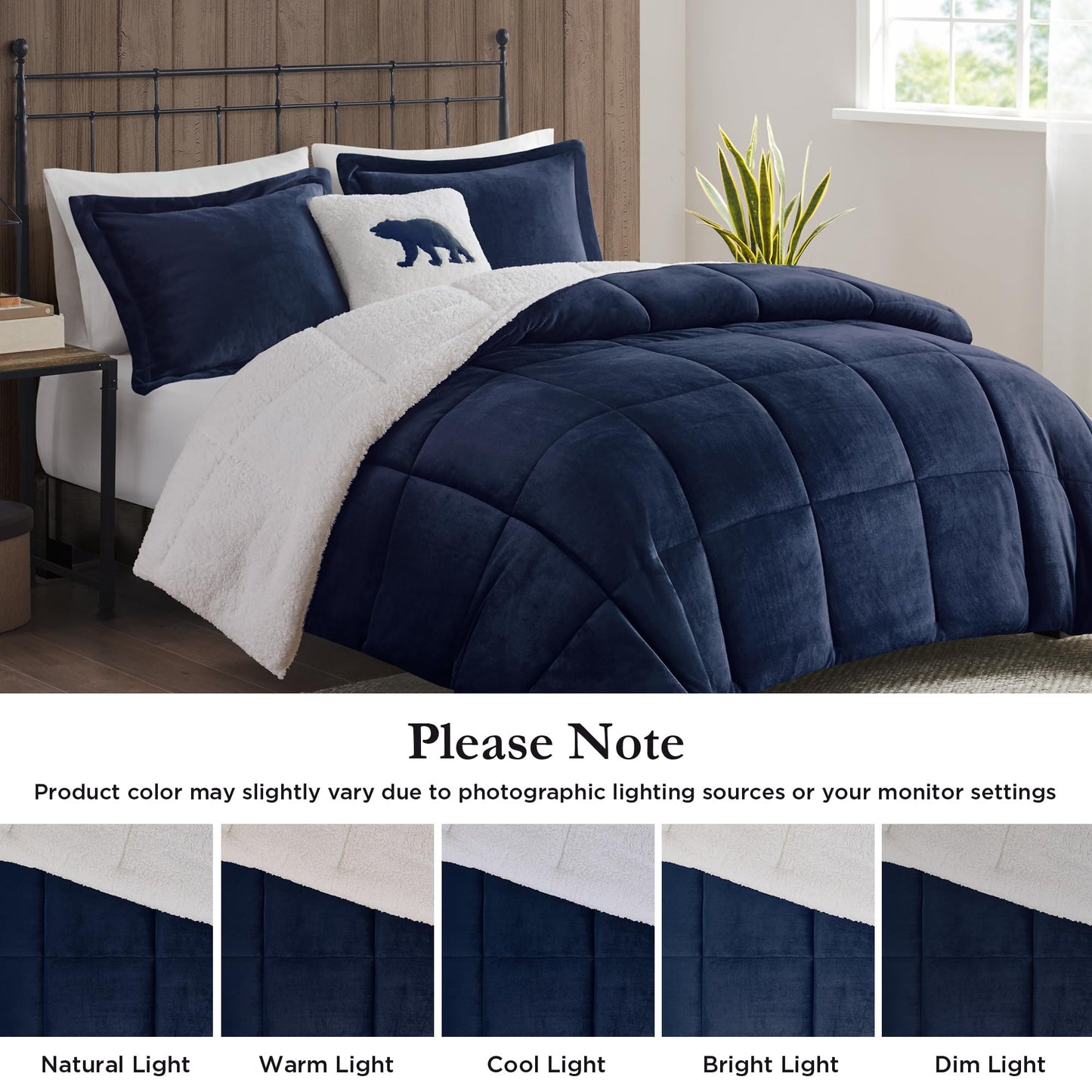 Woolrich Reversible Comforter Set Ultra Soft Plush to Sherpa, Down Alternative, Cold Weather Winter Warm Bedding, with Matching Sham, Decorative Pillow Navy/Ivory Full/Queen 4 Piece