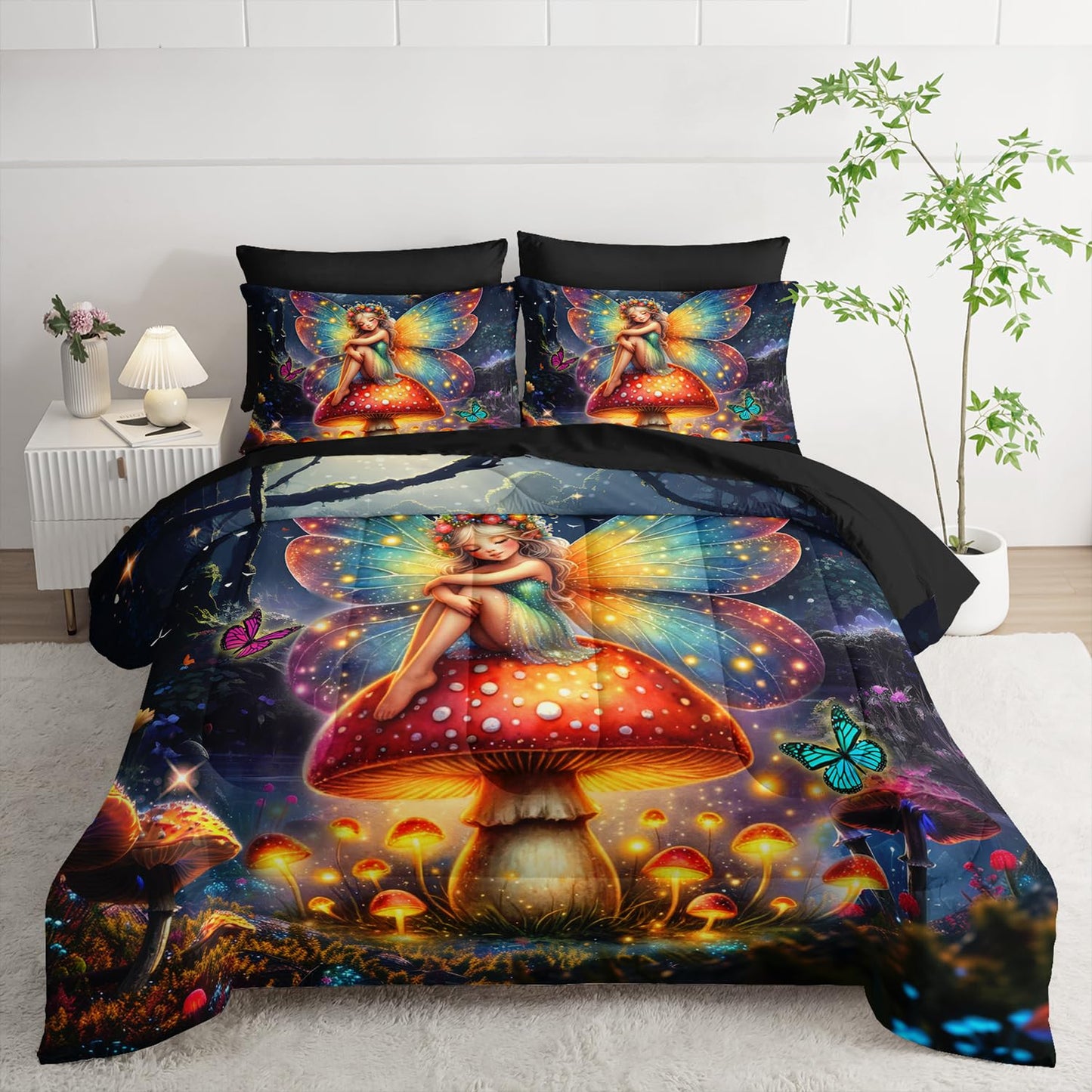 AILONEN 7-Piece Kids Beautiful Fairy Comforter Set,Butterfly Mushroom Fairy Bedding Set Bed in a Bag Twin Size,Girl Forest Spirit Comforter & Fitted Sheet with Flat Sheet,2 Pillowcases,2 Pillow Shams