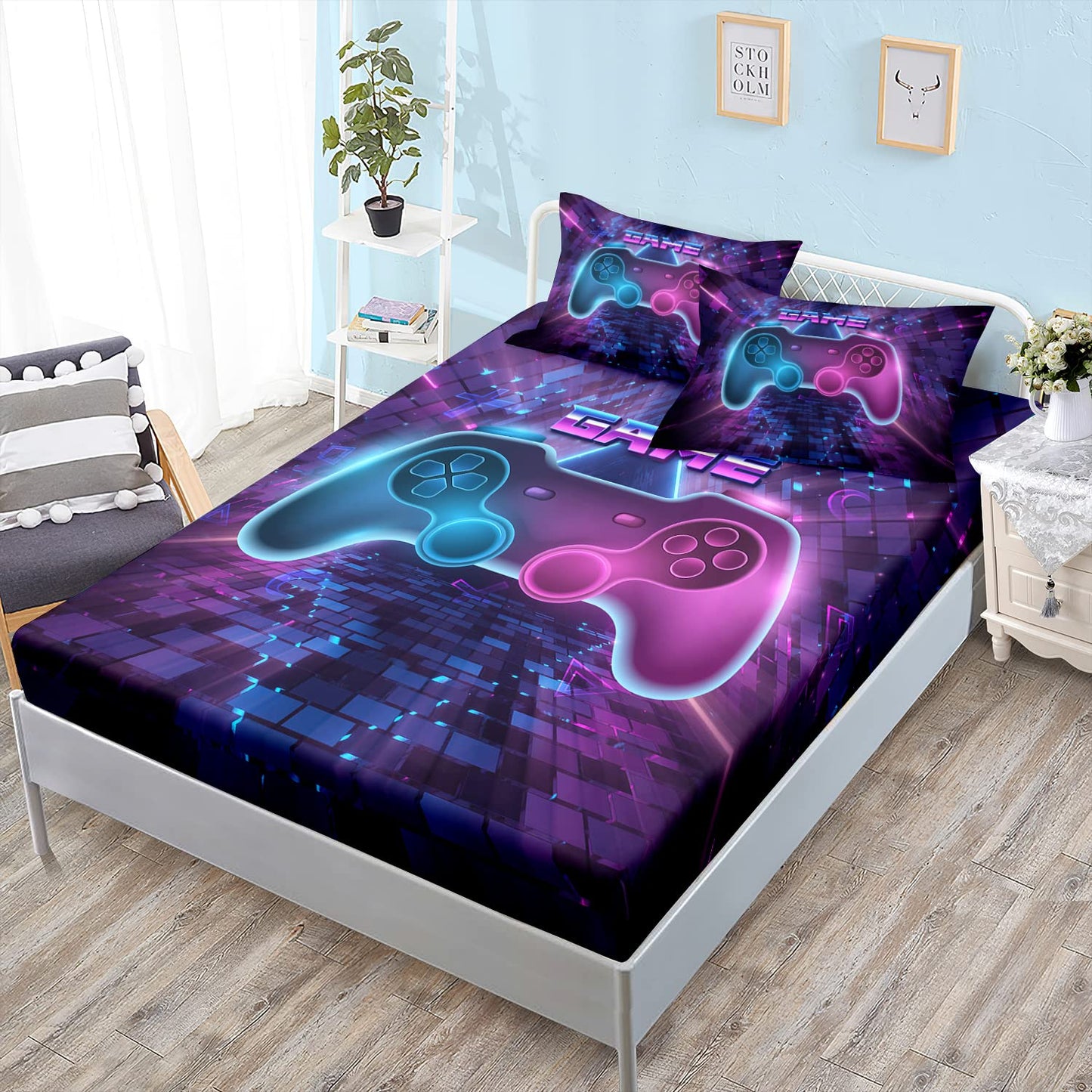 HOSIMA Gaming Bedding Gamepad Fitted Sheet Twin Size and Gamer Bedding Sets for Boys Used to Gamer Room Decor,1 Fitted Sheet+2 Pillowcases.