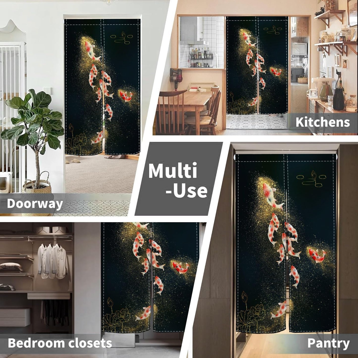 Leowefowa Chinese Ink Painting Doorway Curtain Japanese Noren Kio Fish Door Curtains Asian Feng Shui Tapestry Window Treatment Hanging for Room Privacy Divider Kitchen Home Decor, 33.5"x 70.9"