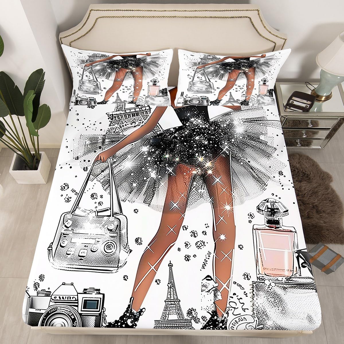 Erosebridal Paris King Bed Sheets | Romantic Women Dress Sheets Camera Bag Eiffel Tower Flat Fitted Sheet Girly Modern Fashion Bed Sets