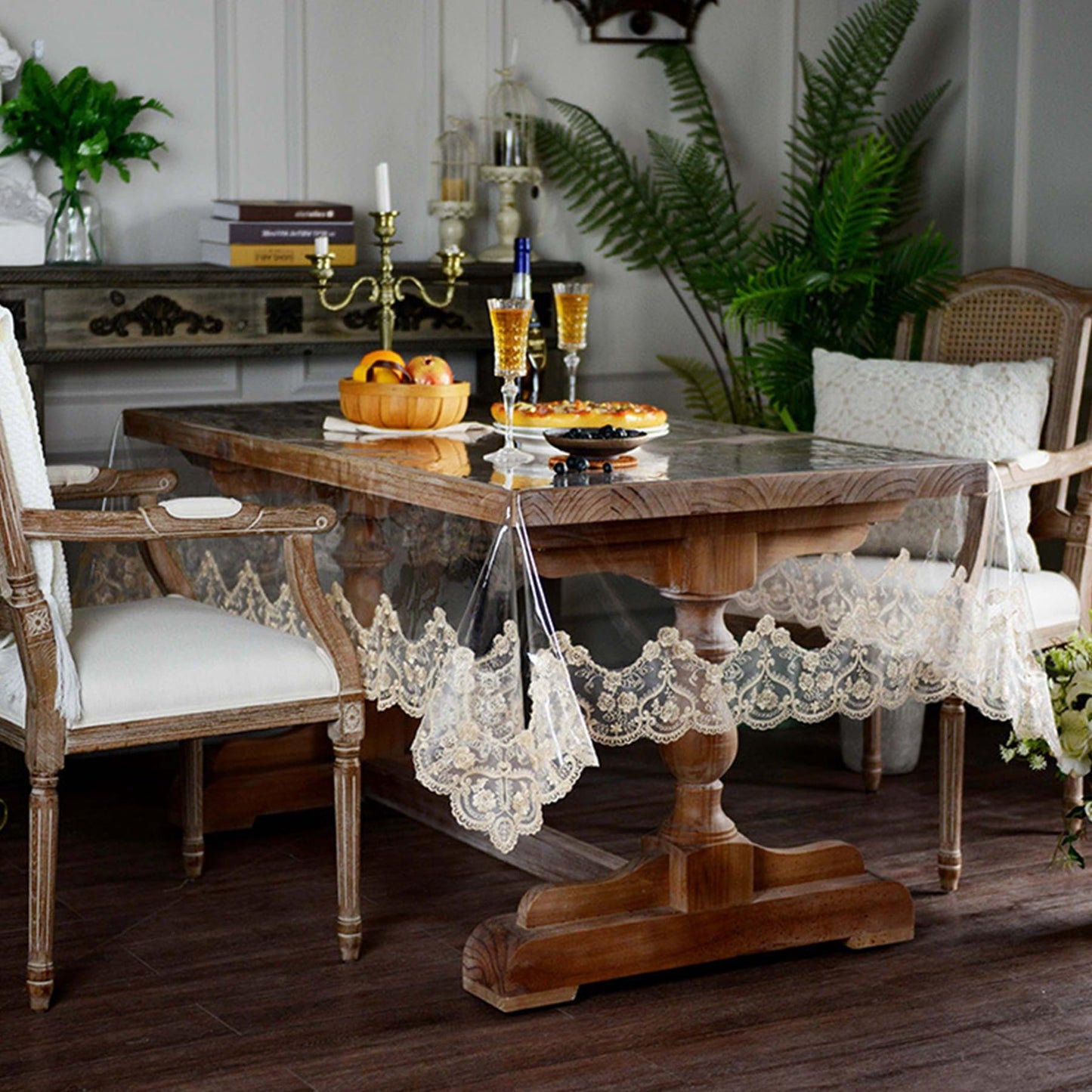 Jusmate Clear Vinyl Tablecloth Protector Transparent PVC Lace Border Plastic Waterproof Oil-Proof Rectangle Table Cover for Kitchen Home Dining Holiday Decoration (Champagne, 52 x 70 Inch)
