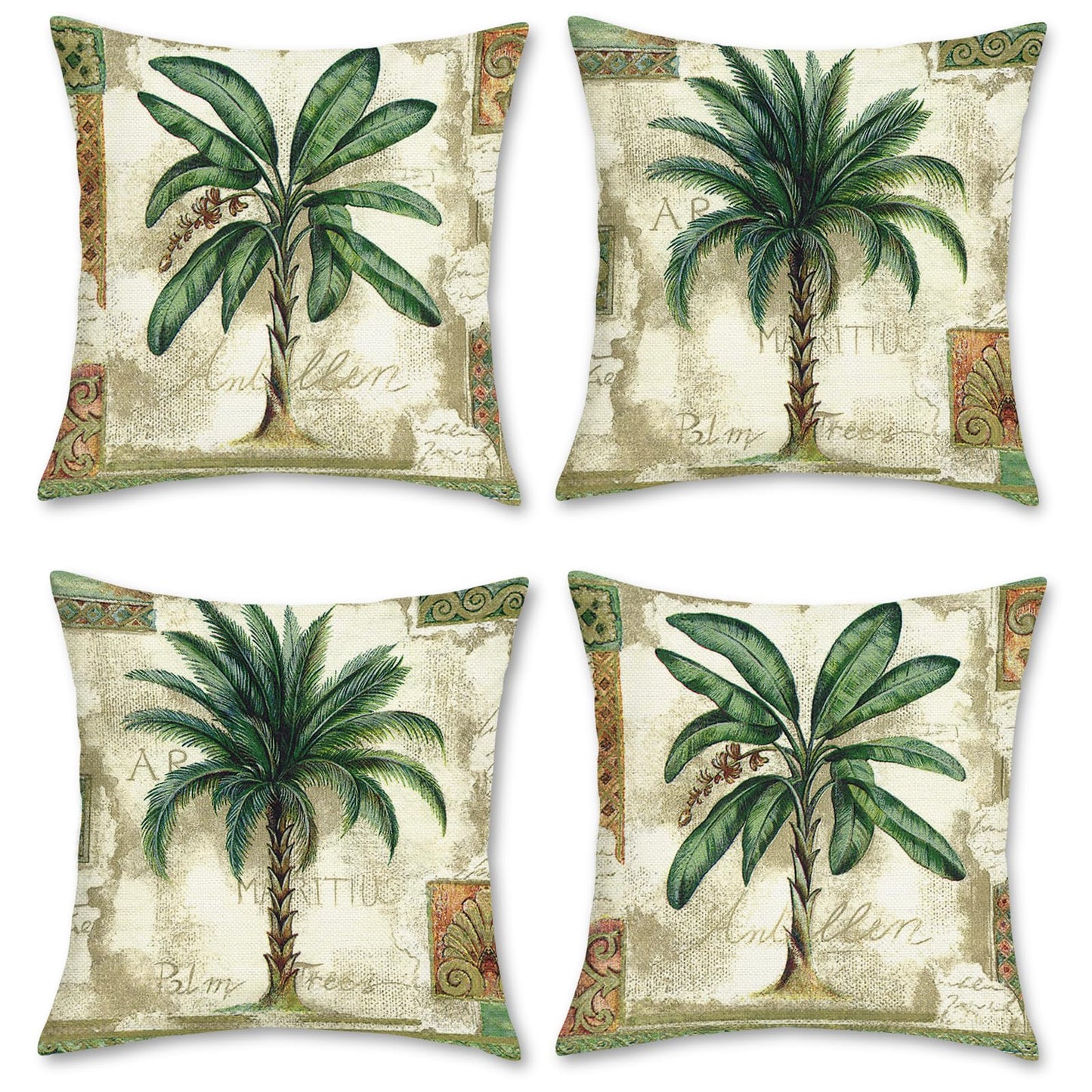 Bonhause Tropical Palm Tree Throw Pillow Covers 18 x 18 Inch Summer Outdoor Green Leaves Decorative Pillow Cases, Cushion Covers for Patio Couch Sofa Home Decor Set of 4