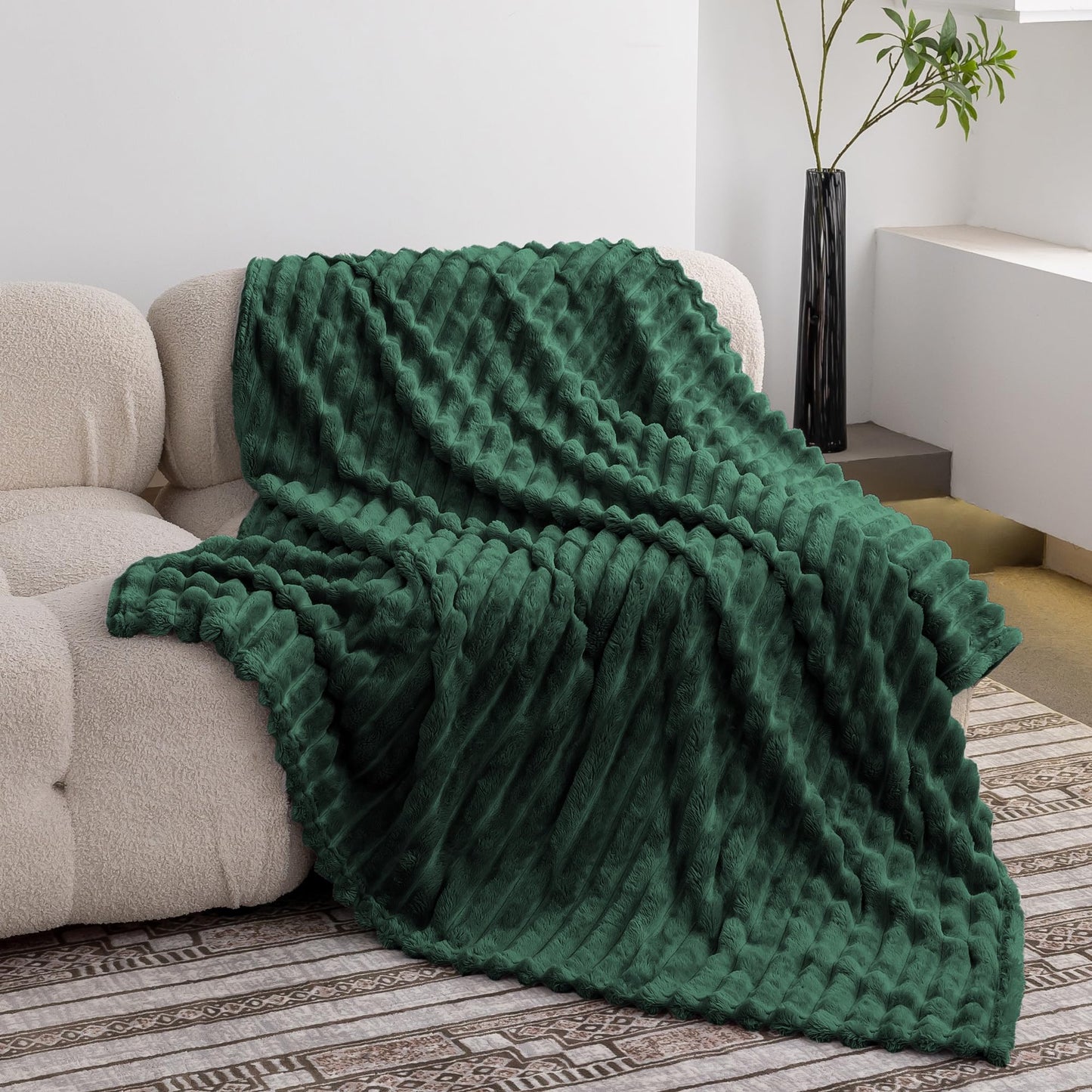 KORBLISS Super Soft Throw Blanket for Couch, Premium Silky Flannel Fleece with 3D Striped Jacquard Design, Lightweight and Cozy for Sofa, Living Room, and All-Season Use, 50x60 Inches.Forest Green