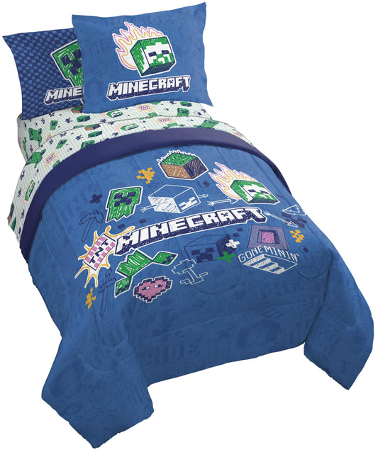 Jay Franco Kids Comforter Set Includes Sheets and Pillow Covers - Soft and Cozy Bed Set for Stylish Room Decor, Blue - Minecraft 02, 7 Piece Full Bedding