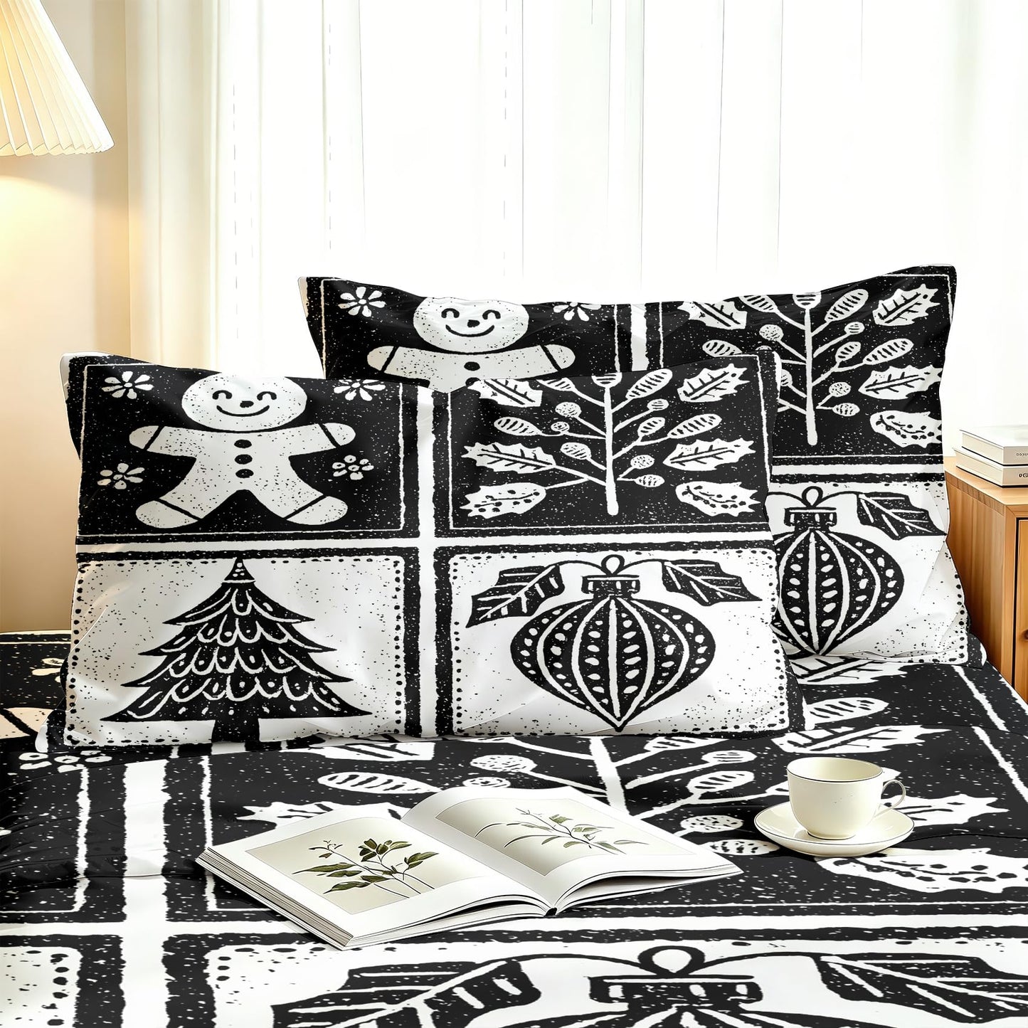 Gingerbread Man Sheet Set, 3 Pcs Twin Size Xmas Bed Sheets, Black White
