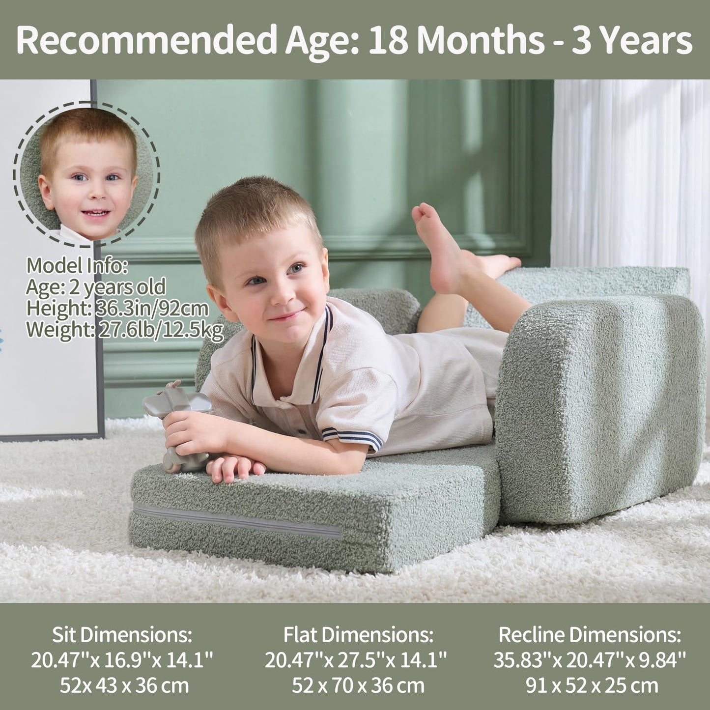 KidBloom 3-in-1 Kids Couch, Toddler Chairs Comfy 2–3 Years Old, Kid Sofa, Kids Couch Bed Fold Out, Gifts for 2 3 Year Old Girls Boys