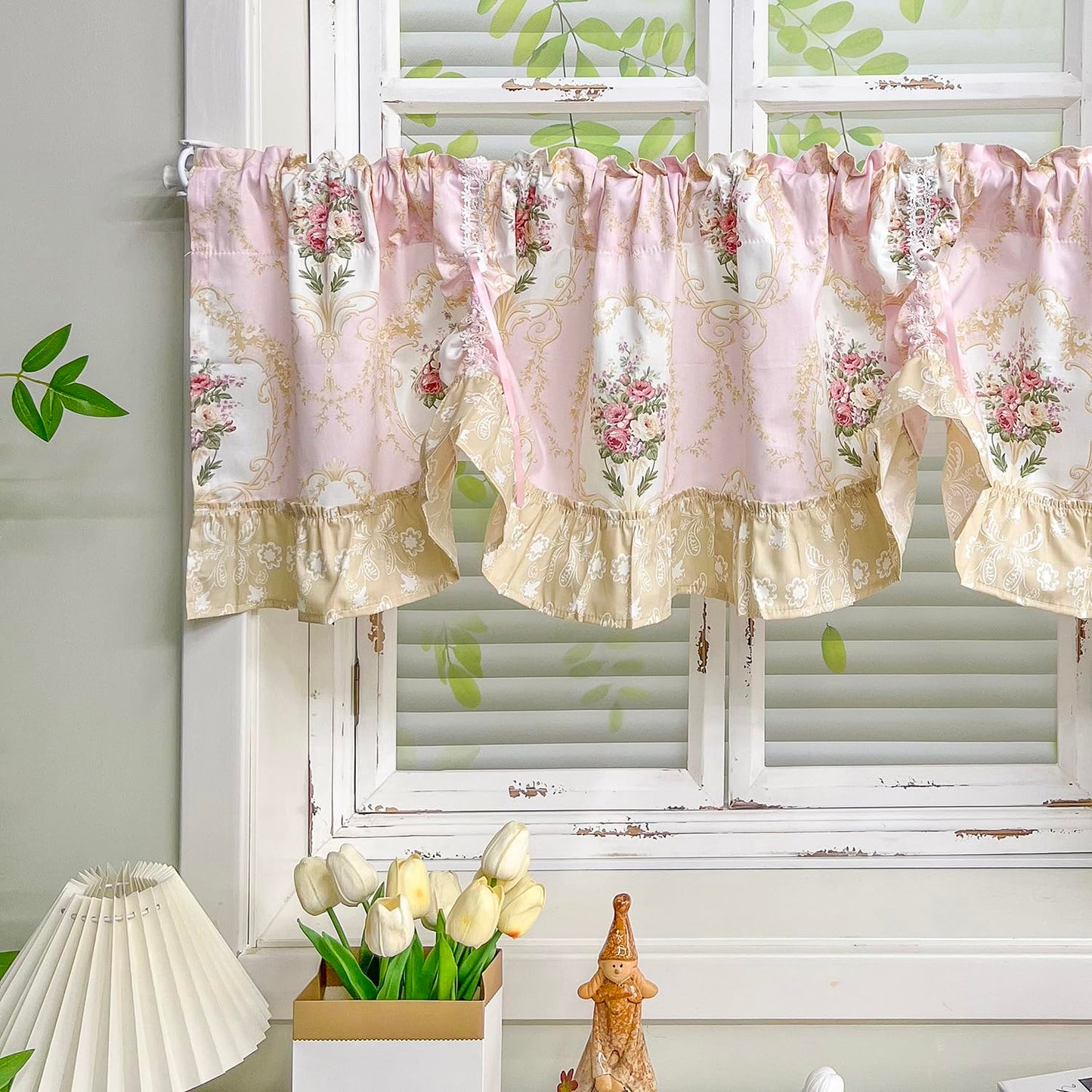 European Floral Tie Up Curtains for Kitchen Adjustable Balloon Shade Window Valance Elegant Cafe Bathroom Dining Room Window Drapes Rod Pocket 1 Panel (W59 X L16 INCH,Pink)