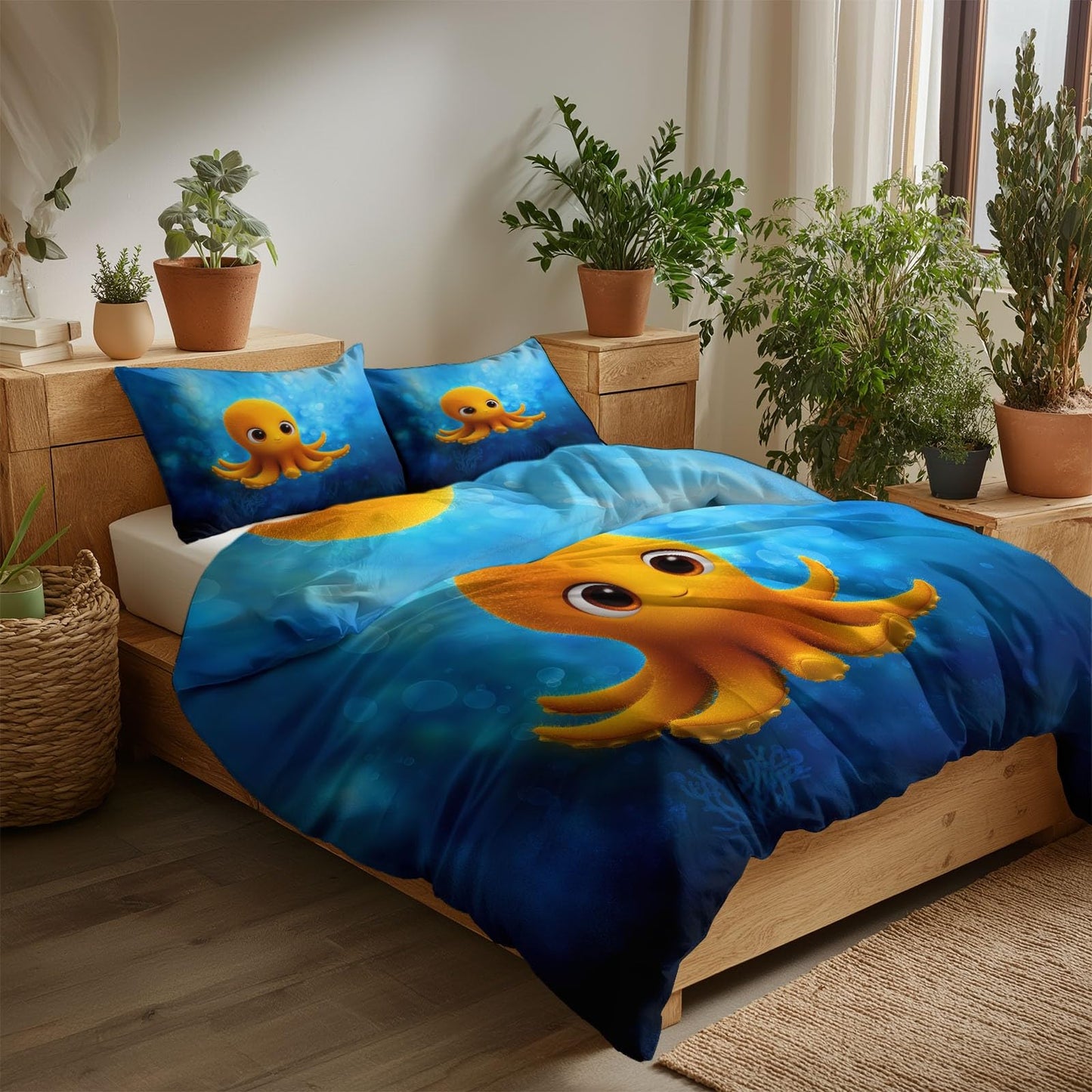 Super Soft Cartoon Style Duvet Cover Set Twin Size, Minimalist Underwater Yellow Octopus Bedding for Kids Boys Girls Teens - Breathable and Anti-Allergic Soft Comforter Cover 2 Pillow Shams