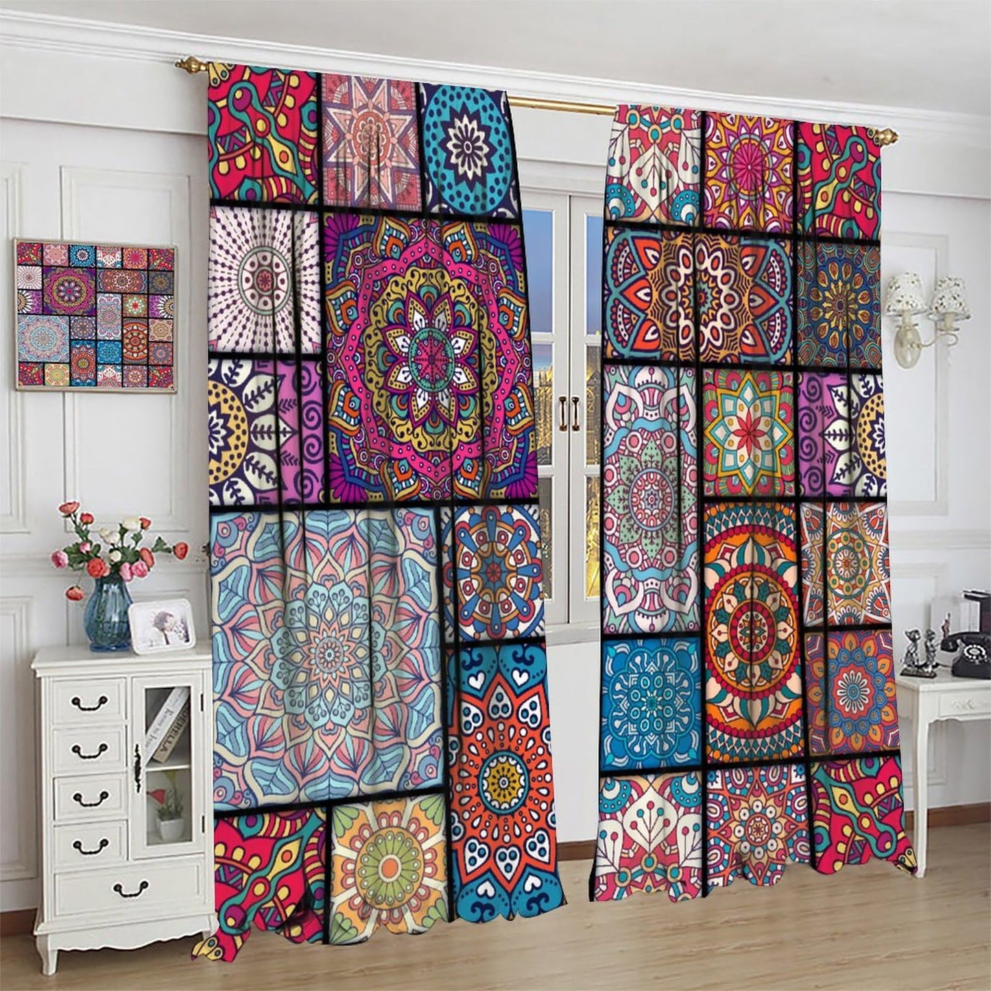 Boho Floral Blackout Curtains Abstract Bohemian Colorful Flower Theme Kitchen Art Deco Curtains Living Room Bedroom Apartment Insulation Noise Reduction Curtains 42x45 Inches 2 Panels (Pink)