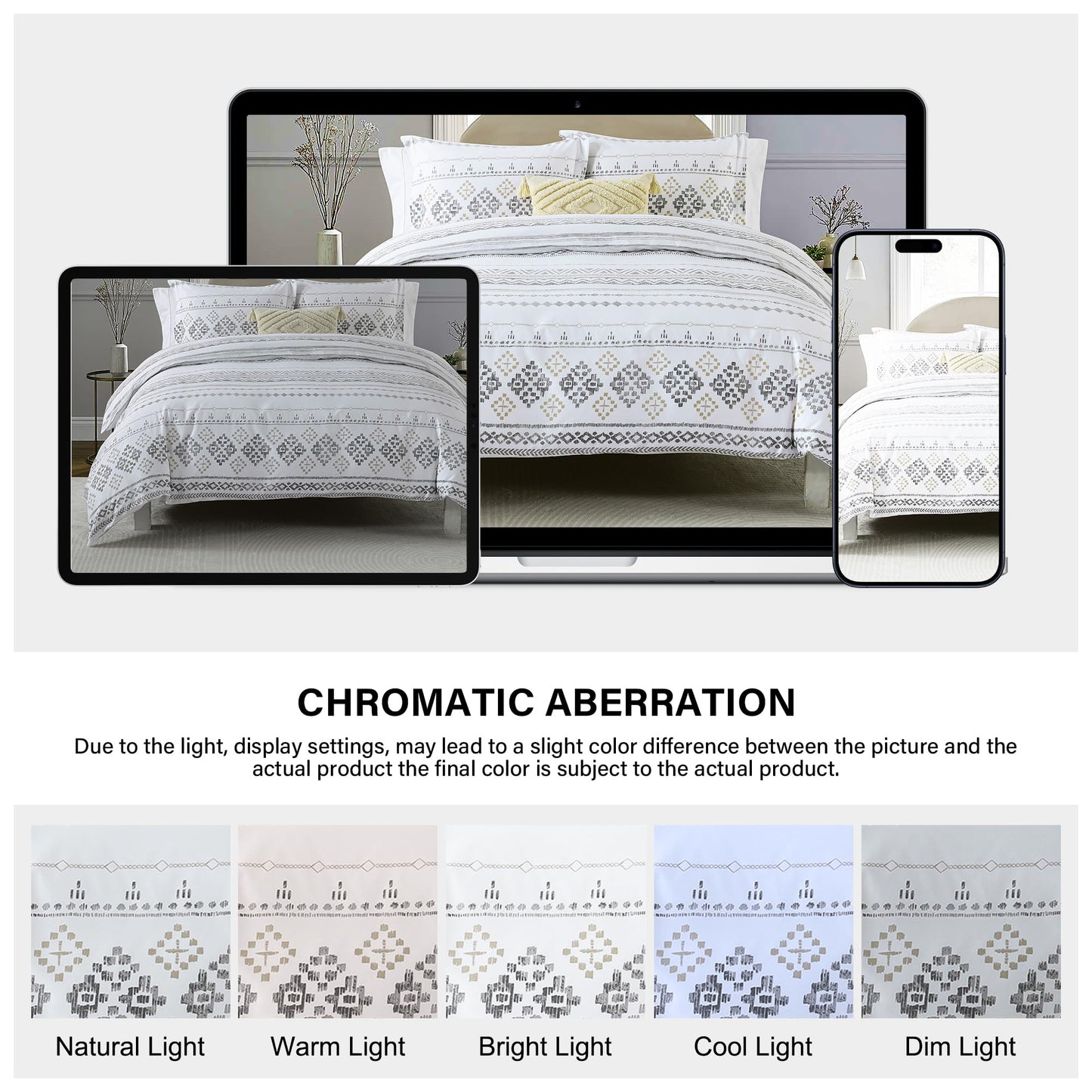VOOVY Duvet Cover King - 100% Cotton Boho Duvet Cover King Size, 3 Pieces Bohemian Geometric Lightweight Soft Breathable Bedding Duvet Covers Set for All Season (Charcoal, 104"x90", No Comforter)
