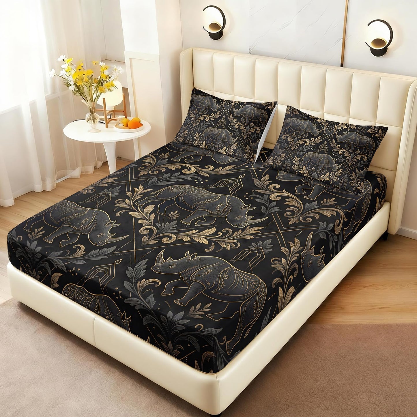 AILONEN Elephant Scroll Twin XL Fitted Sheet Set, Charcoal Ornate Printed Bedding with 2 Pillowcases, 16 Inch Pocket, Student Apartment Bedroom