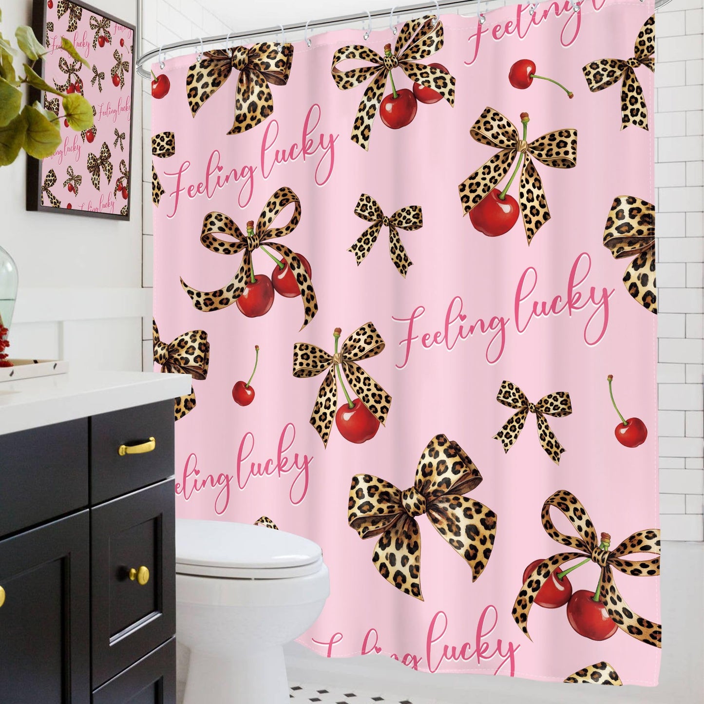 Glawry Pink Leopard Shower Curtain Trendy Cherry Bow Coquette Preppy Y2k Cheetah Print Girly Aesthetic Cute Fashion Bathroom Retro 60Wx72L Inches Bath Accessories Art Home Decor Fabric 12 Pack Hook