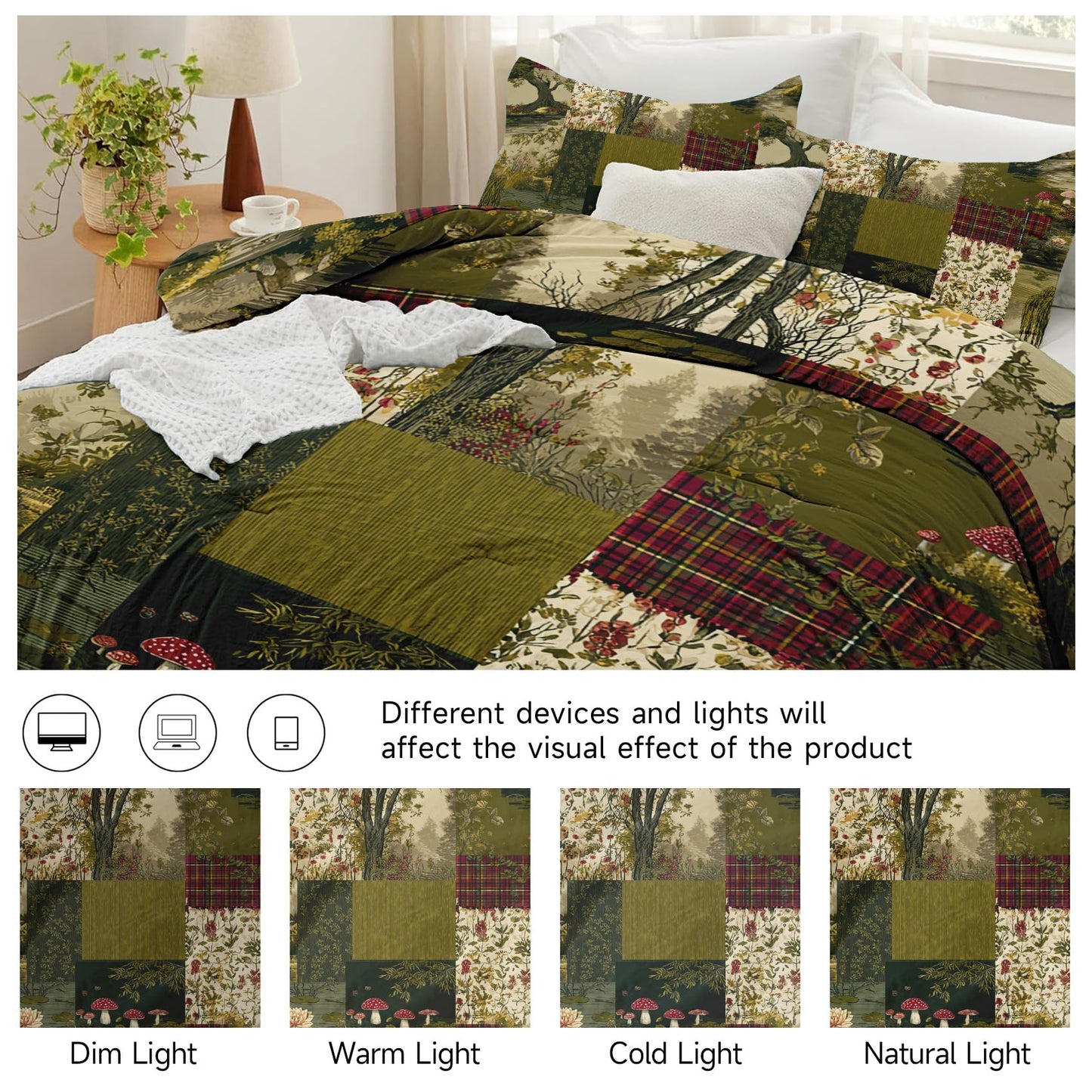 Botanical Patchwork Duvet Cover King Size Spring Floral Bedding, Green Red Rustic Comforter Cover Set Microfiber 3pcs Washed Comfy Breathable with 2 Pillow Shams & Zipper Closure, 104"x90"
