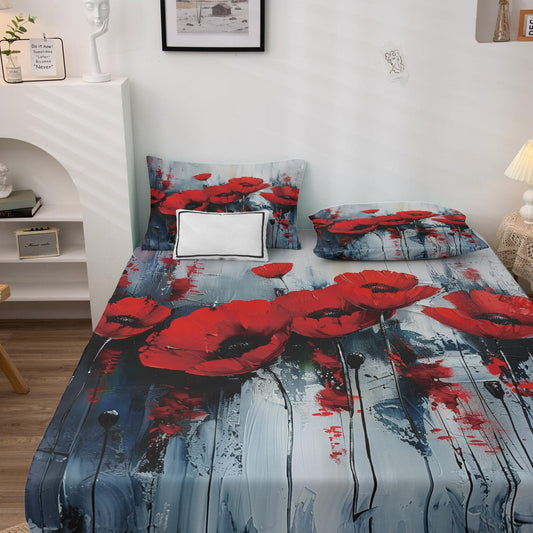 NOGAWA Red Poppy Sheets Queen, Floral Bed Sheets, Rustic Flower Bedding Sheets, Soft Microfiber Deep Pocket Fitted Sheet, Flat Sheet, 2 Pillowcases