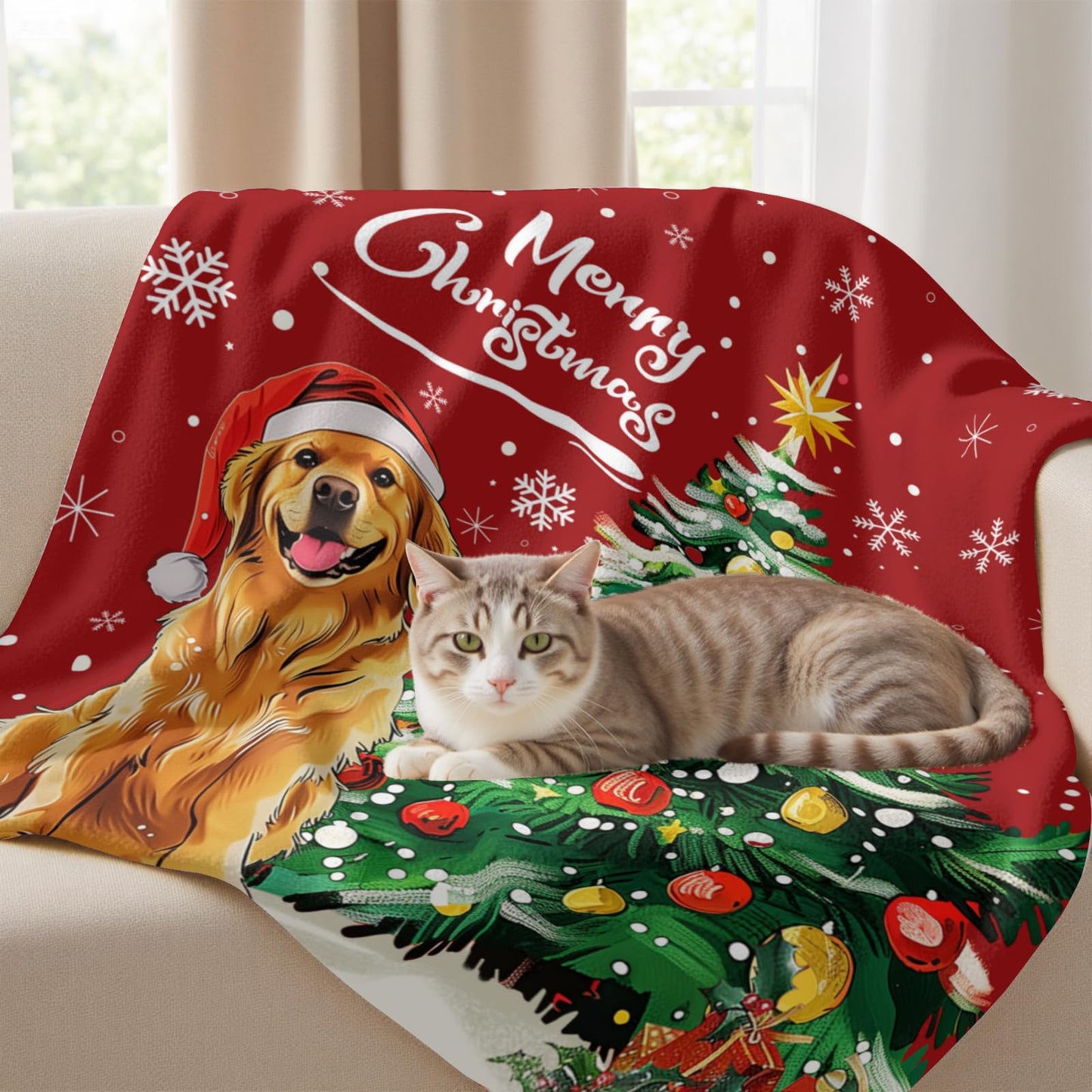 Christma Dog Throw Blanket 50 x 60 Inch Xmas Tree Bells Snow Snowflakes Soft Cozy Flannel Blanket Home Seasonal Decor Winter Gift Blanket for Living Room Sofa
