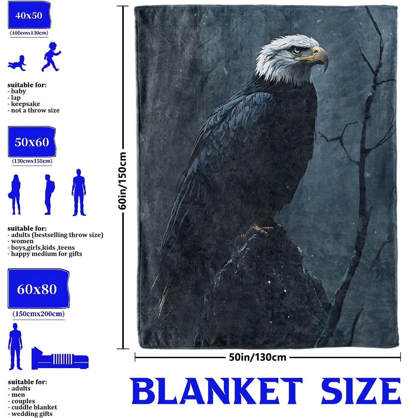 GBXGBX Majestic Bald Eagle Throw Blanket for Boys Men, Retro Bird Design, Fuzzy Warm Soft Cozy Flannel Blankets Gifts for Bedroom, Couch, Travel, Home Decor 50x60 in