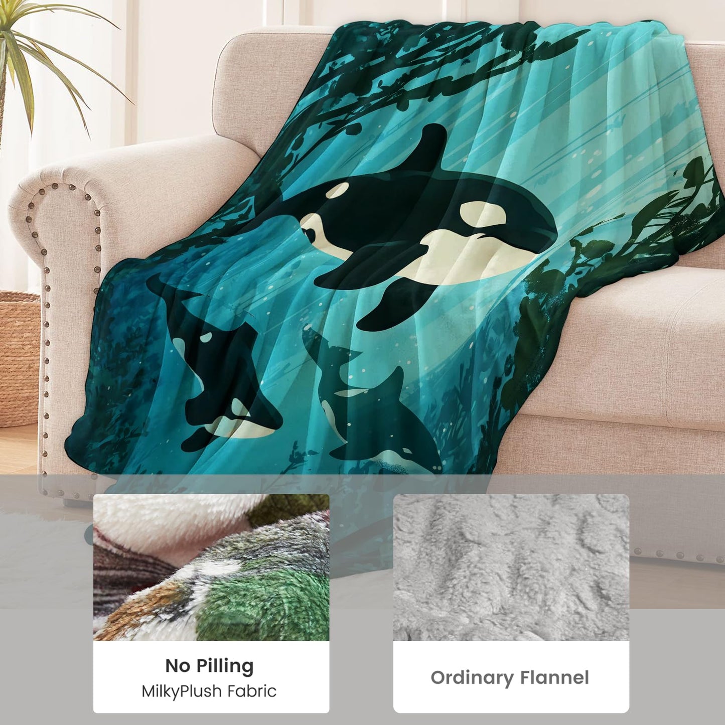Orca Blanket for Kids Adults, Orca Gifts Flannel Throw Blanket, Orca Decor Lightweight Warm Soft for Sofa Couch Bed Living Room Office 60" x 50"