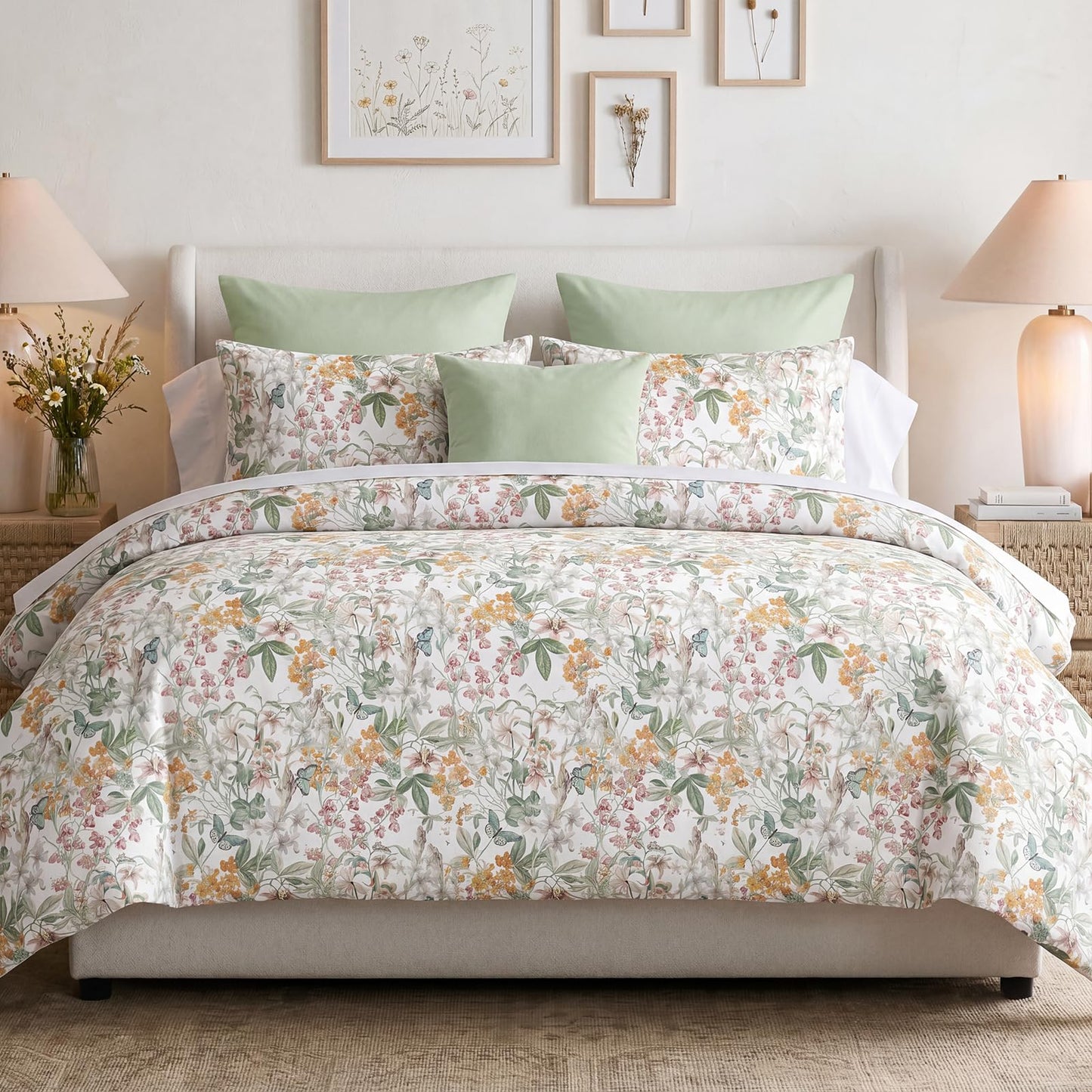 Bedorm Queen Duvet Cover 100% Cotton Floral Bedding Set with Zipper Closure Vintage Flower Leaf Botanical Bedding Soft & Durable French Country Duvet Cover Set