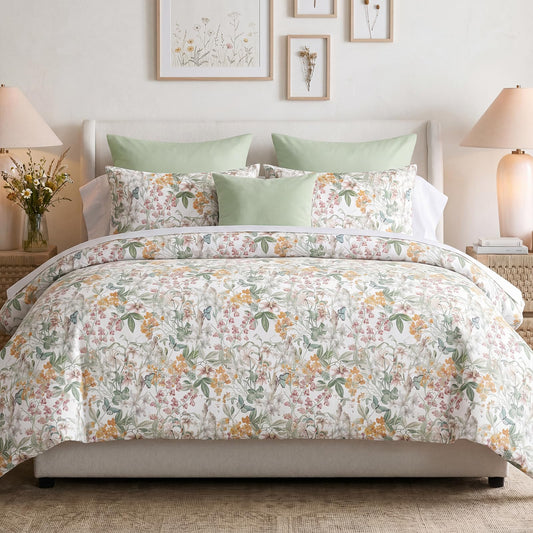Bedorm Queen Duvet Cover 100% Cotton Floral Bedding Set with Zipper Closure Vintage Flower Leaf Botanical Bedding Soft & Durable French Country Duvet Cover Set