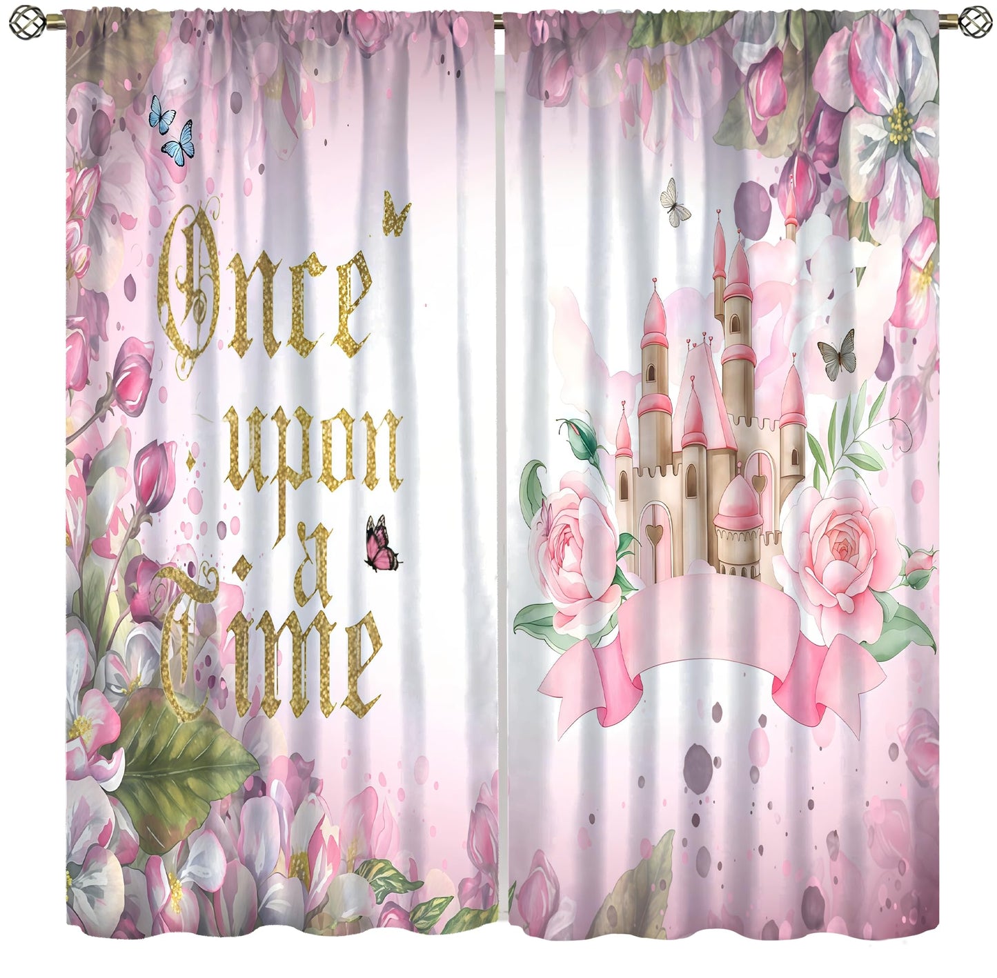Pink Princess Castle Curtains For Girls Magic Fairy Tale World One Romantic Floral Castle Pattern Rod Pocket Window Treatments for Kids Bedroom Living Dining Room 2 Panels Set 41x 45 in （No Blackout）