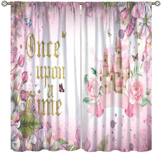 Pink Princess Castle Curtains For Girls Magic Fairy Tale World One Romantic Floral Castle Pattern Rod Pocket Window Treatments for Kids Bedroom Living Dining Room 2 Panels Set 41x 45 in （No Blackout）