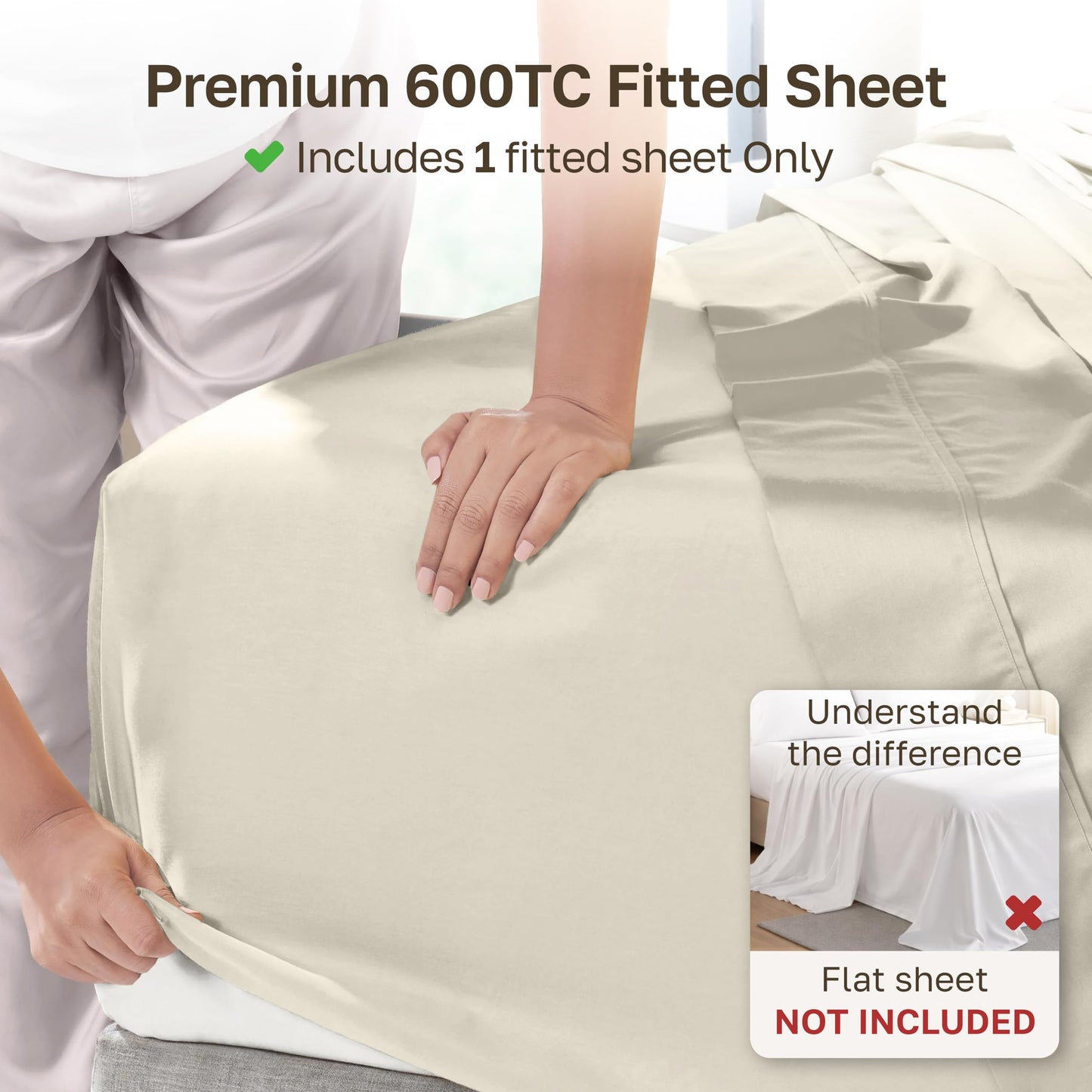 California Design Den Queen Size Fitted Sheet Only - 100% Cotton, 600 Thread Count, Sateen, Soft Deep Pocket Bottom Fitted Sheet, Premium - Cream (Warm Ivory)