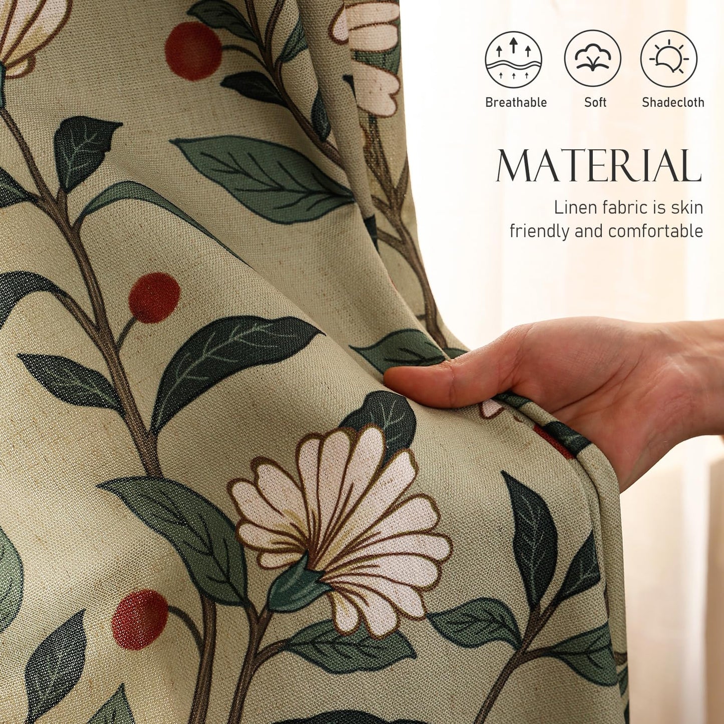ISAENNE Designer French Green Linen Printed Curtain,2 Panels,63"x53"-Brune