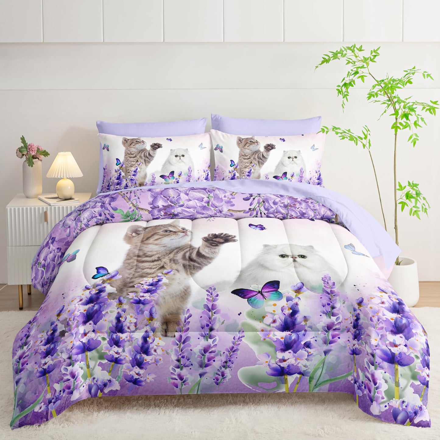 AILONEN Cat Comforter Set Twin Size, Kawaii Kitten Animal with Butterfly Bedding Set for Kids Girls,Purple Flowers Bed in a Bag,Comforter & Fitted Sheet & Flat Sheet,2 Pillowcases,2 Pillow Shams