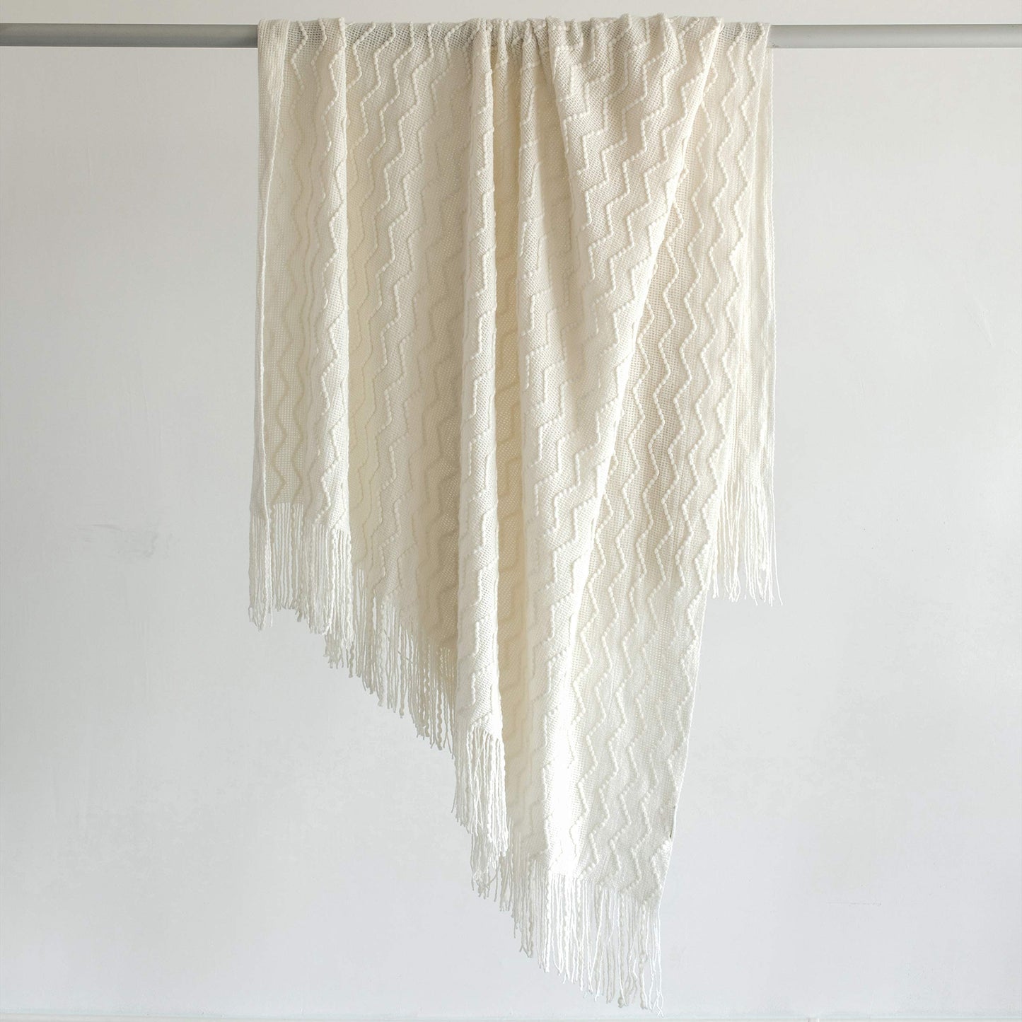 Decorative Chevron Pattern Knit Throw Blanket, 50x60 in, Made with Premium Yarns for Softness and Durability, Finished with Chic Fringe will Add a Cozy Touch to Your Living Space - White, Gifting
