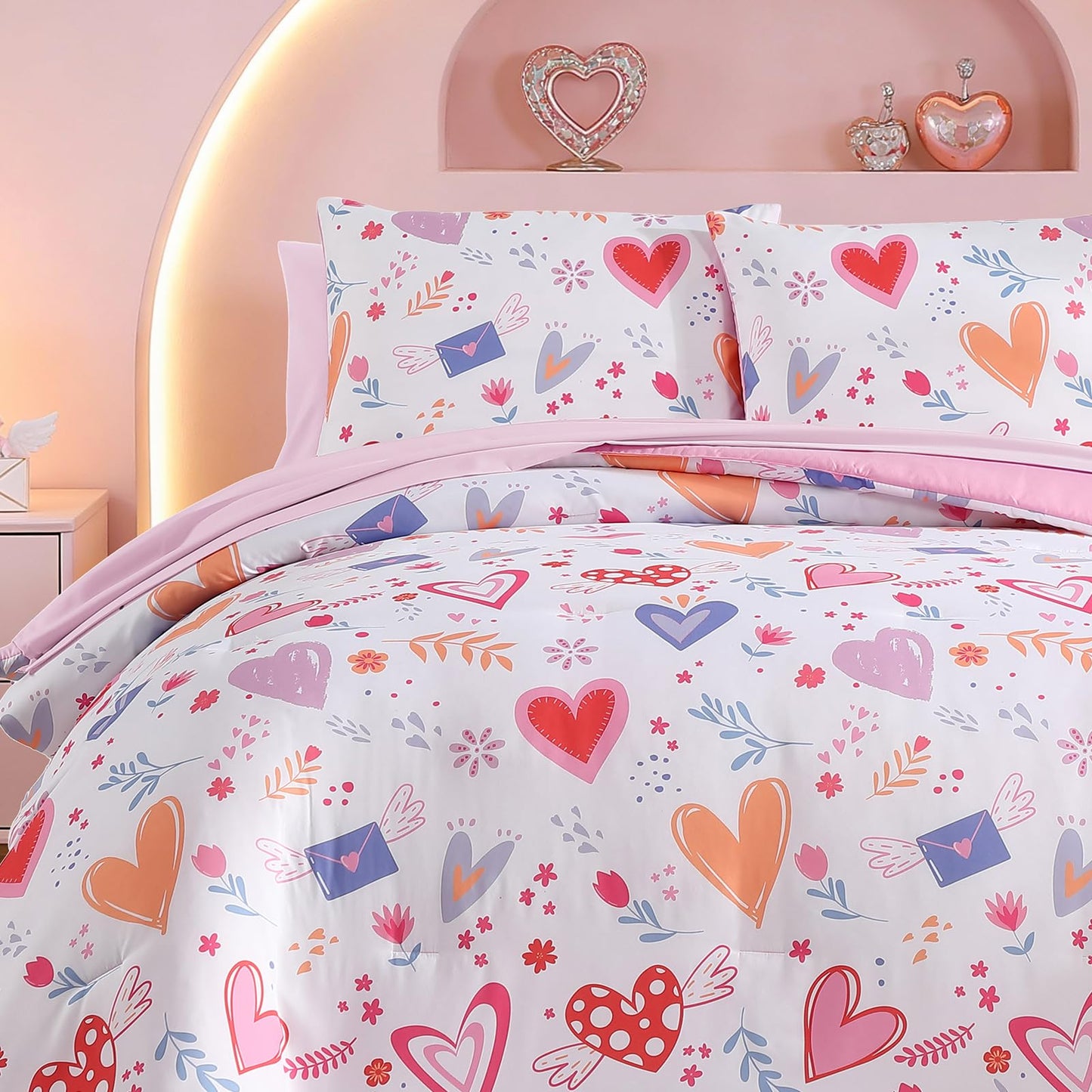 Kaleido Space Twin Comforter Set for Girls Kids - 5 Pieces Heart Twin Bedding Sets for Girls Teen, Soft Cozy Bed in A Bag with Sheets