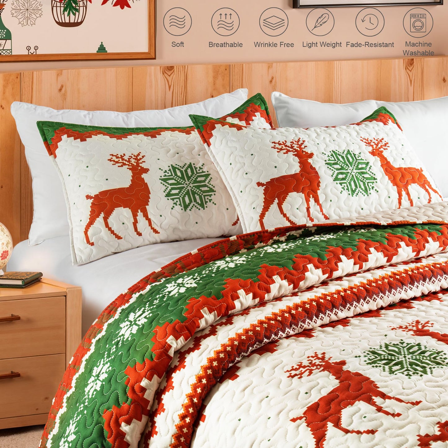 Whale Flotilla Christmas Quilt King Size, Soft Boho Floral Bedspreads for Bed Reversible Lightweight King Quilt Bedding Set Coverlets with 2 Pillow Shams for All Seasons, Happy Snowflake