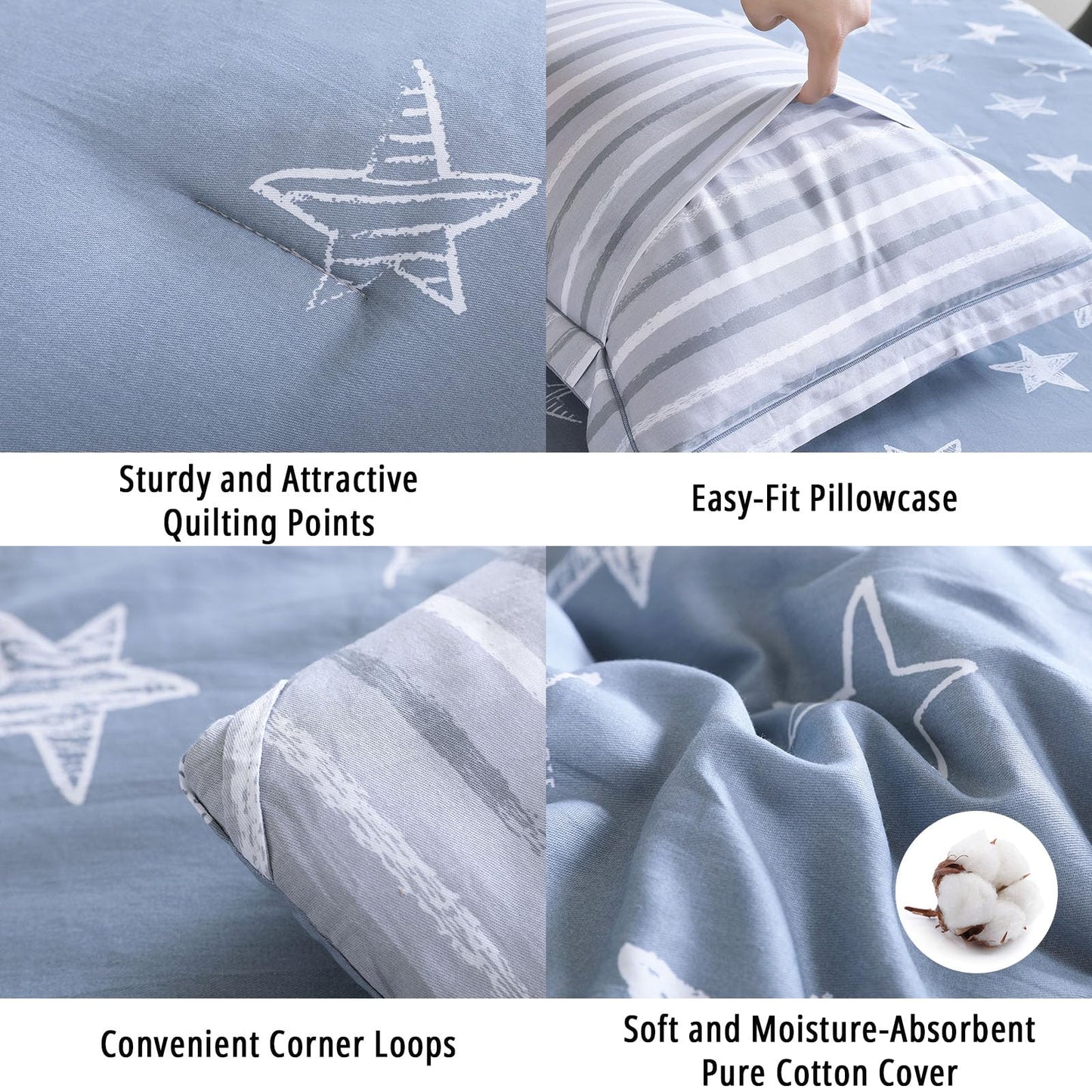 LEMIROE Blue Cotton Comforter King Size 3Pcs - White Doodle Style Stars on Denim Blue Front, Gray Stripes on Back, Reversible Lightweight Bedding Sets with Soft Fill(King, 104"×90")