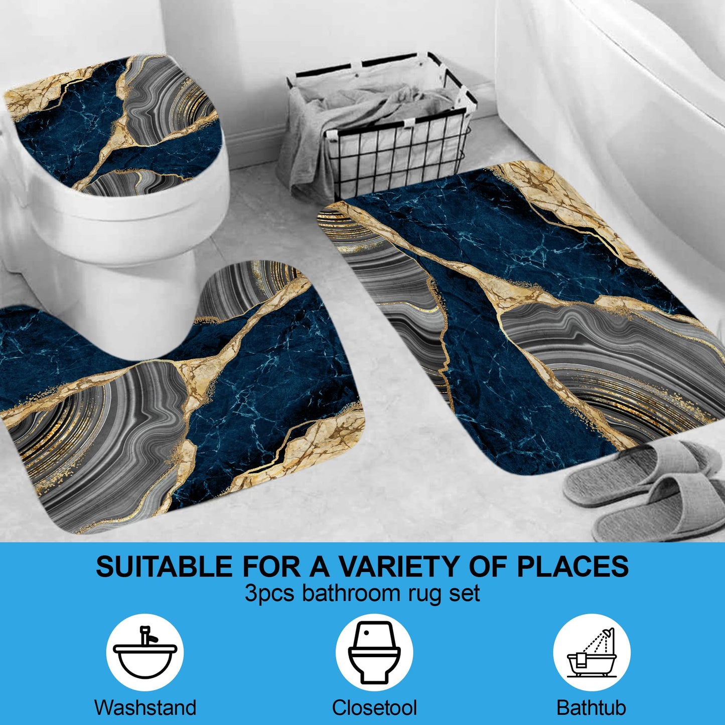 4Pcs Marble Shower Curtain Sets, Bathroom Decor Sets, Luxury Shower Curtain with 12 Hooks, Bath Mat, Toilet Lid Rug and Non-Slip U Shape Mat Accessories Marble Print, 72 x 72 Inch, Navy Blue