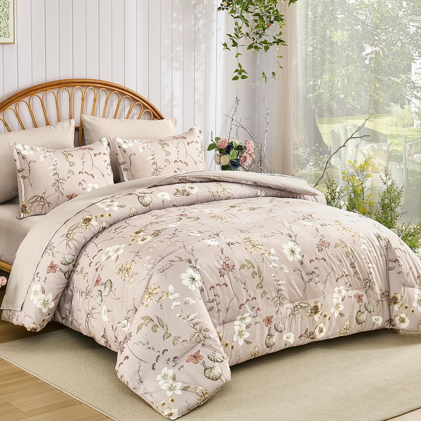 DJY King Size Comforter Set,Taupe Botanical Floral Bedding Comforter Sets King for All Seasons, 7 Pieces King Bed in a Bag Lightweight Microfiber Comforter Set with Sheets Pillowcases & Shams