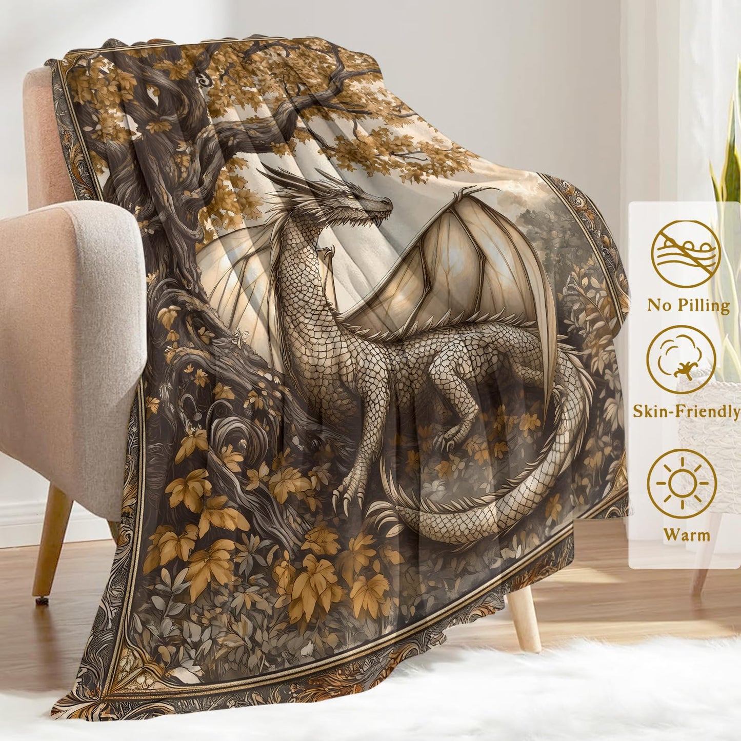 ainori Autumn Dragon Fleece Blanket - Lightweight Soft Cozy Gifts Throw for Fantasy Lovers,Women,Men,Enchanting Tree of Life Blankets,Home Room Modern Artistic Decor 50x60in