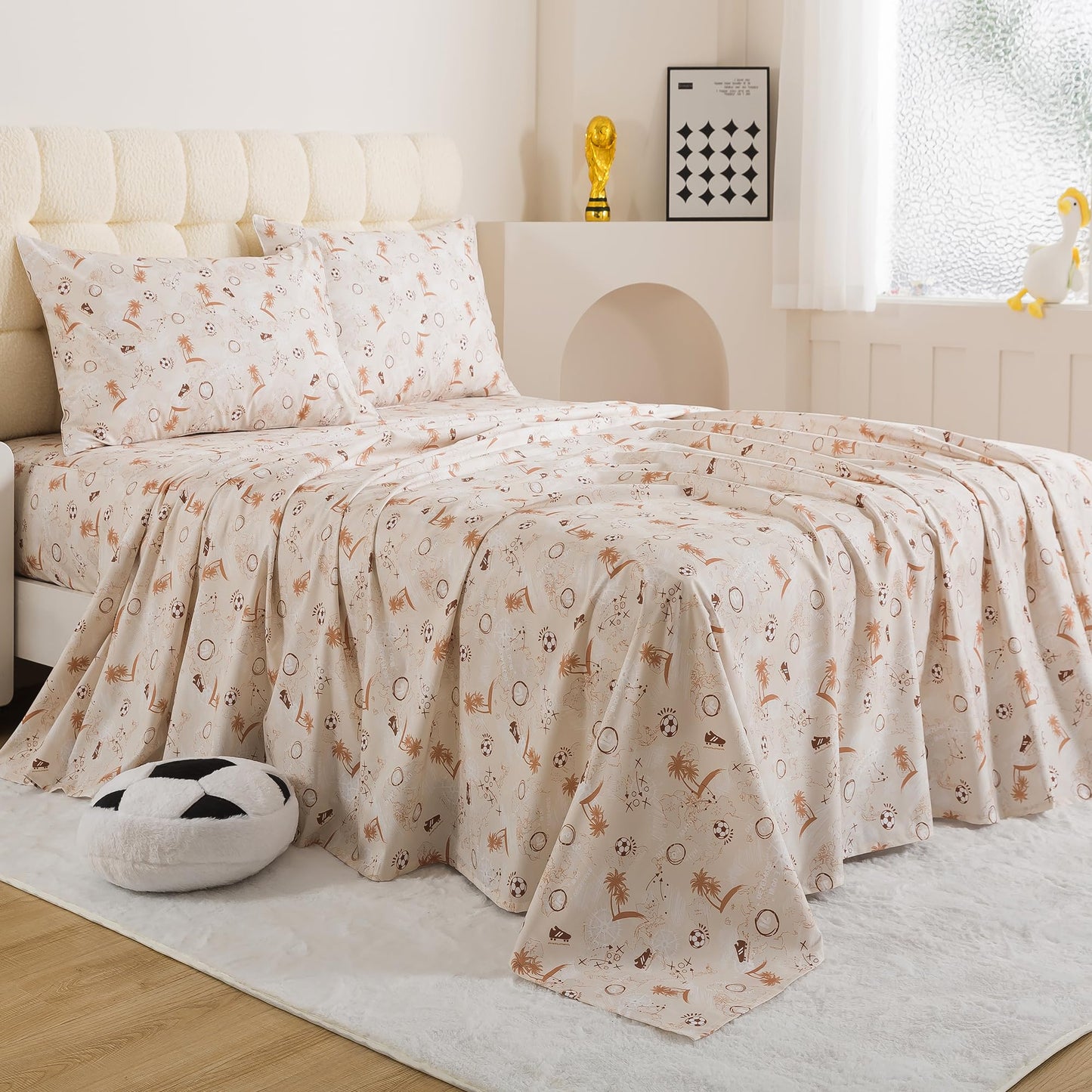 FADFAY Soccer Sheets Set King – 100% Cotton Soft Breathable Sports Sheets, Tropical Palm Tree Soccer Ball Print Bedding