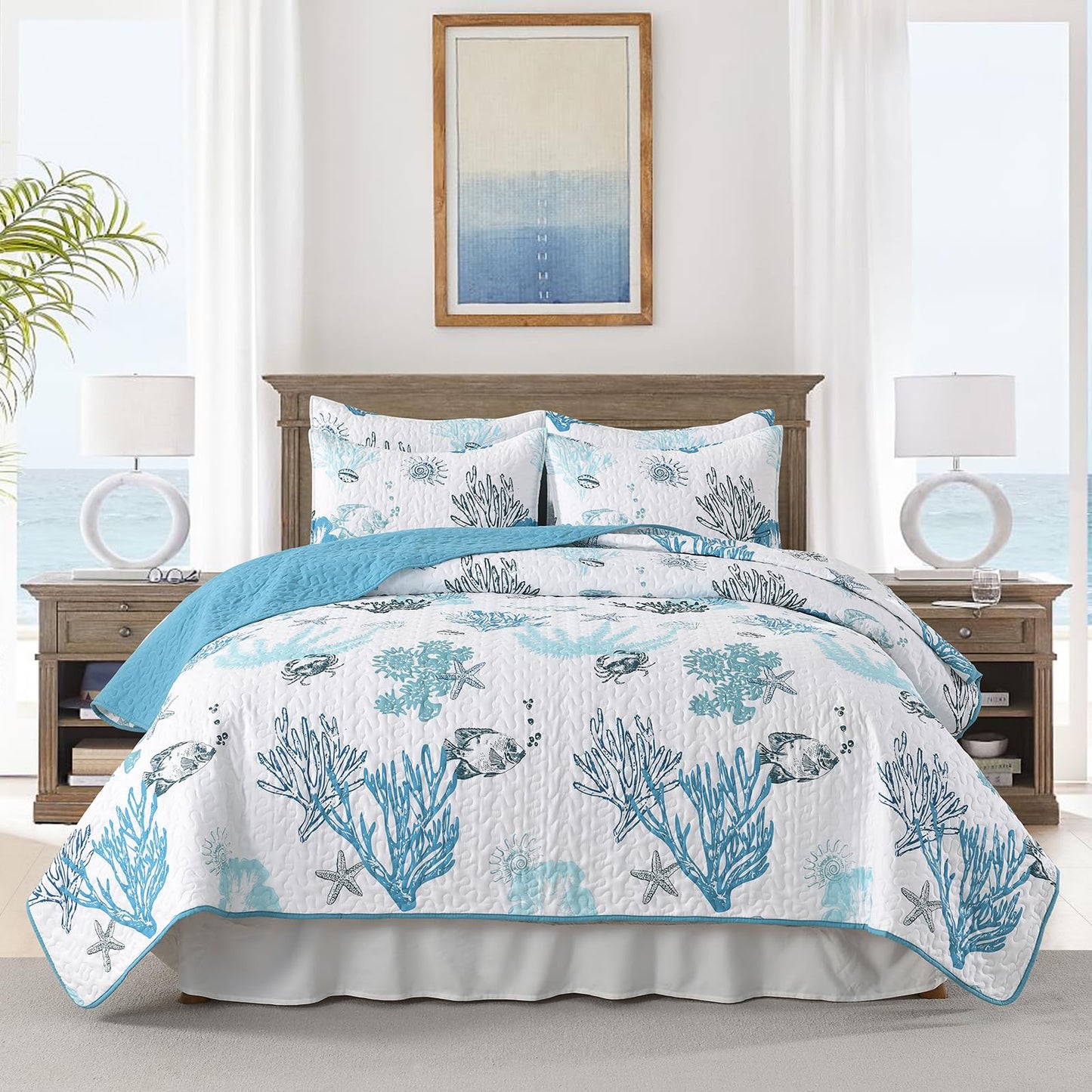 HORIMOTE HOME Coastal Quilt Bedding Set Queen Size, Reversible Blue Summer Beach Quilt Lightweight Ocean Nautical Comforter Tropical Bedspread Coverlet with 2 Pillow Shams for All Seasons (90"x96")