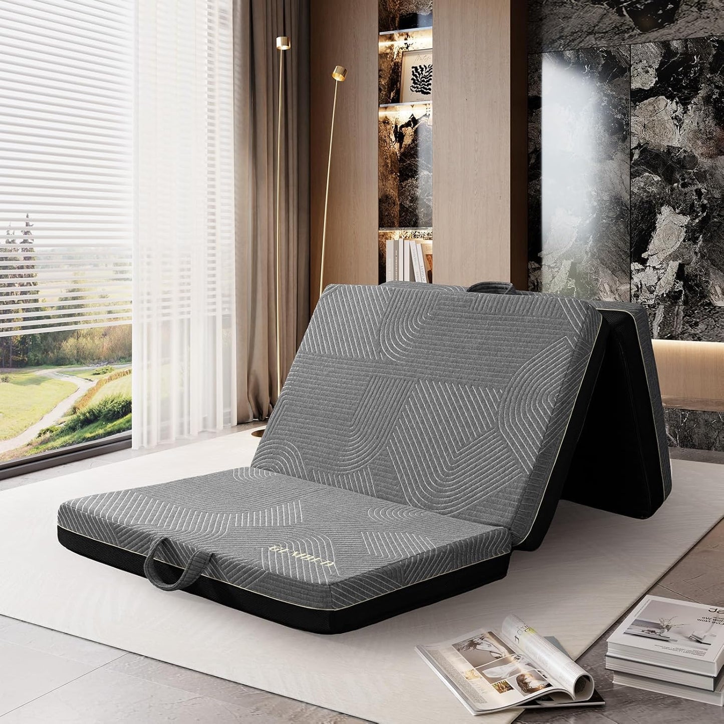 GEMBED Tri Folding Mattress Twin Size - Memory Foam Tri-fold Mattress, Handle & Non-Slip Bottom, Portable Foldable Sofa Bed Floor Chair for Travel RV Camping Guest Yoga - 4 Inch, 75" 38"x4"