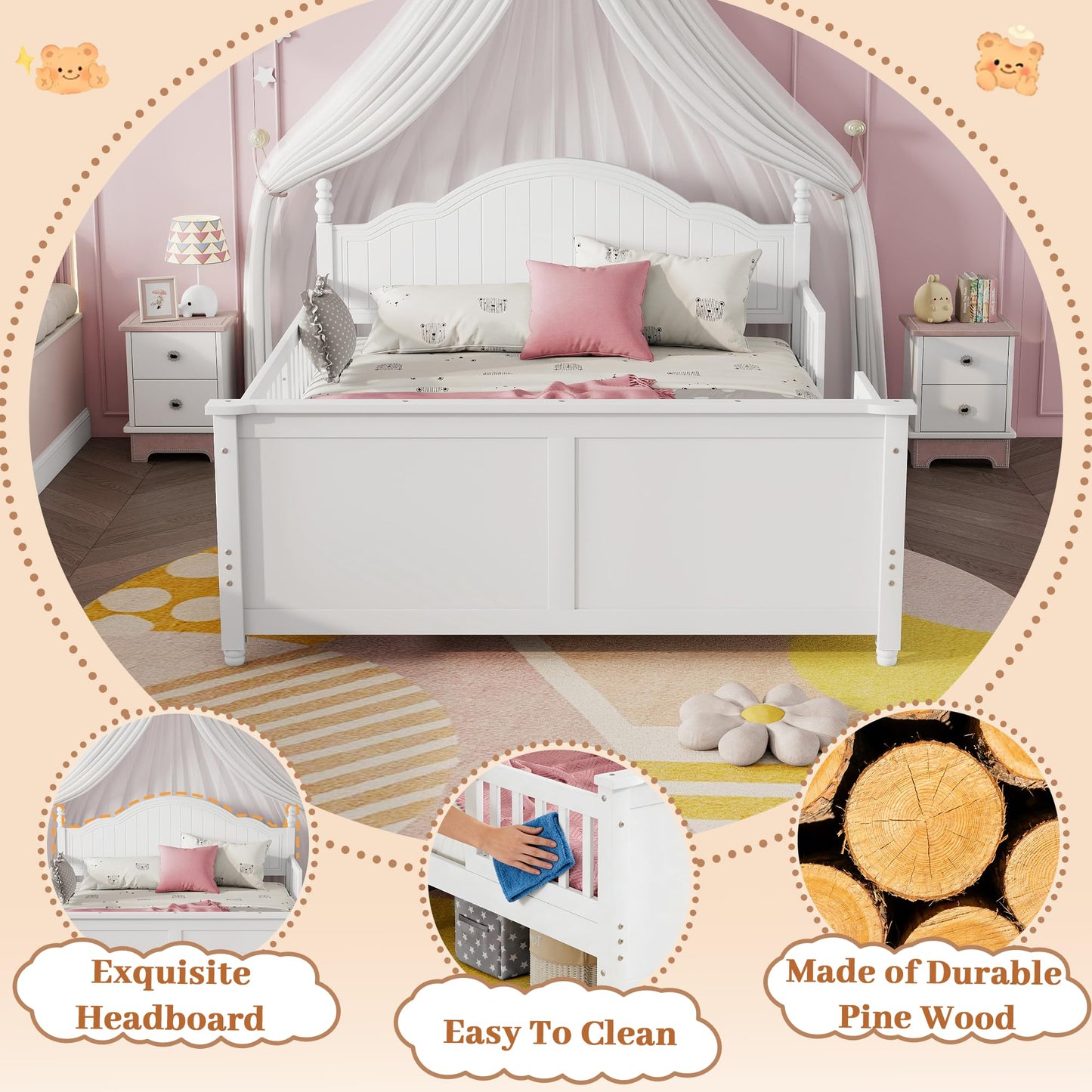 Aurnienofus Full Size Bed Frame Kids with Rails & Headboard, Wooden Low Platform Bed Frames with Detachable Guardrails, Footboard & Slat Support for Kids Girls Boys, Full Beds White
