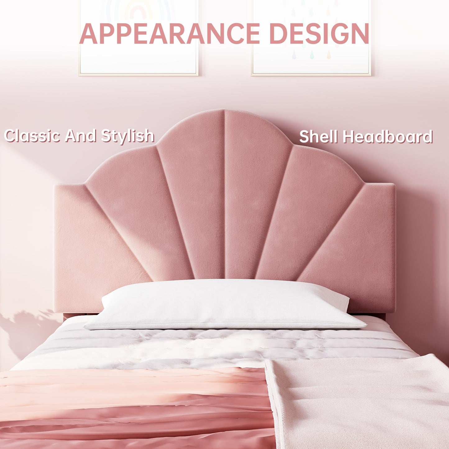 IDEALHOUSE Twin Bed Frame, Velvet Upholstered Platform Bed Frame with Height Adjustable Headboard for Boys & Girls, Wood Slat Support, Easy to Assemble, No Box Spring Needed, Light Pink