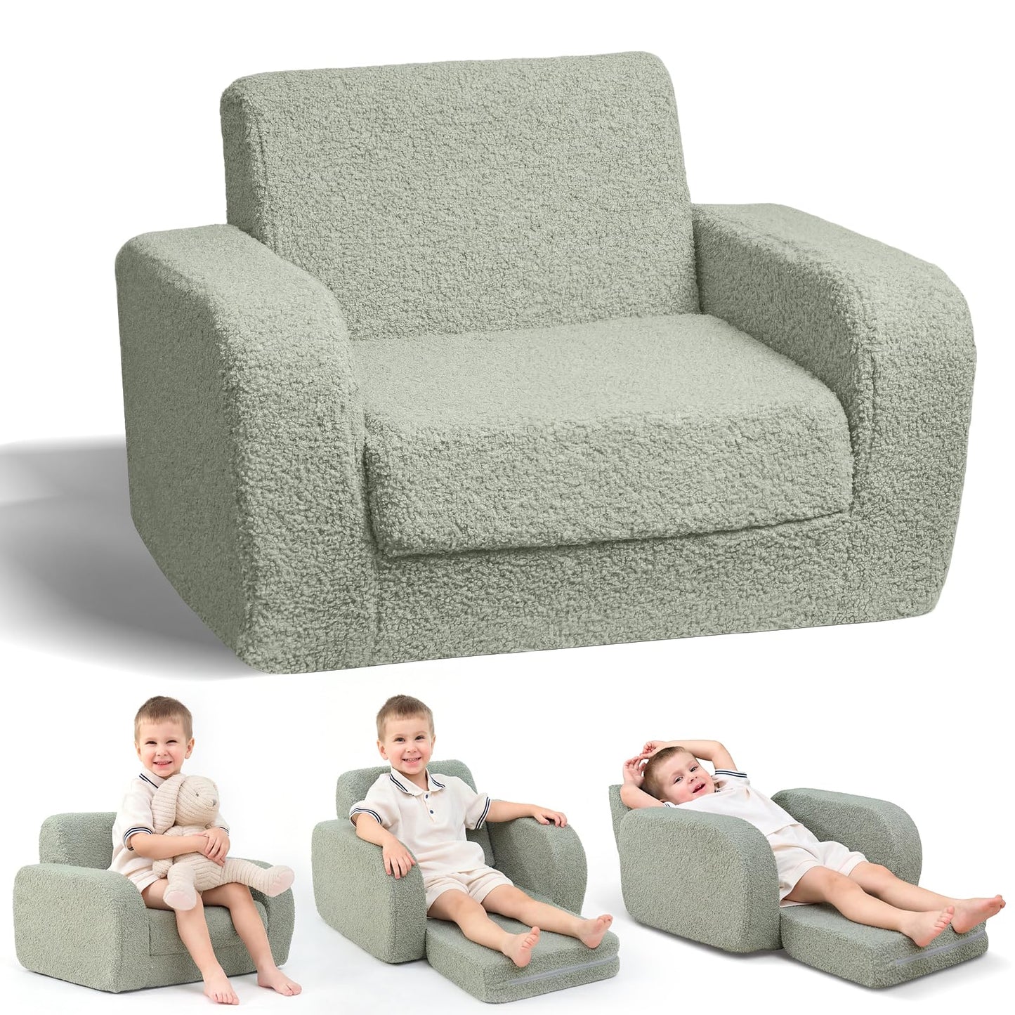 KidBloom 3-in-1 Kids Couch, Toddler Chairs Comfy 2–3 Years Old, Kid Sofa, Kids Couch Bed Fold Out, Gifts for 2 3 Year Old Girls Boys