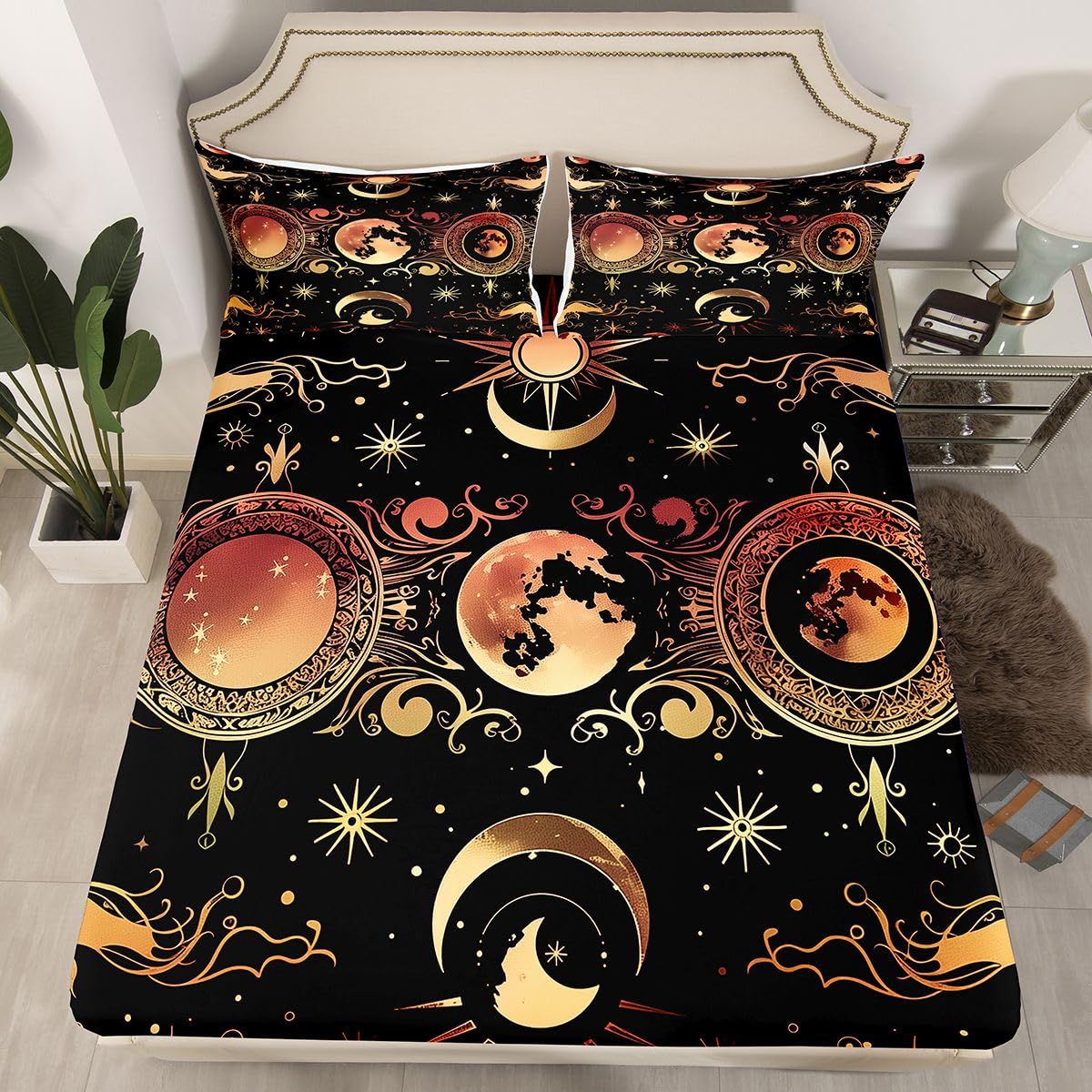 jejeloiu Sun Moon Bed Sheets Set Twin Size Bohemian Deep Pocket Fitted Sheet Galaxy Bedding Sets Boho Exotic Soft Bed Set 3Pcs with 1 Pillow Cases