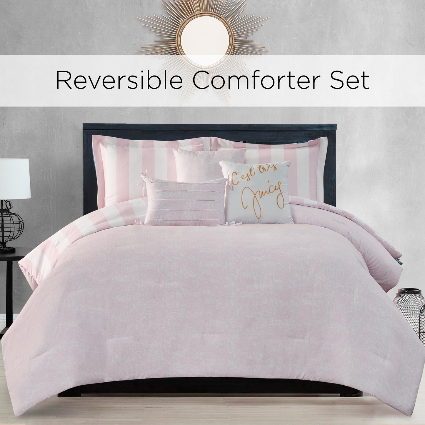 Juicy Couture Cabana Stripe Reversible Bedding Set - Queen/Full Size - Dogwood Pink/White Stripe Print – 6 Piece Set – Includes 1 90" x 90" Comforter, 3 Decorative Pillows, 2 Shams