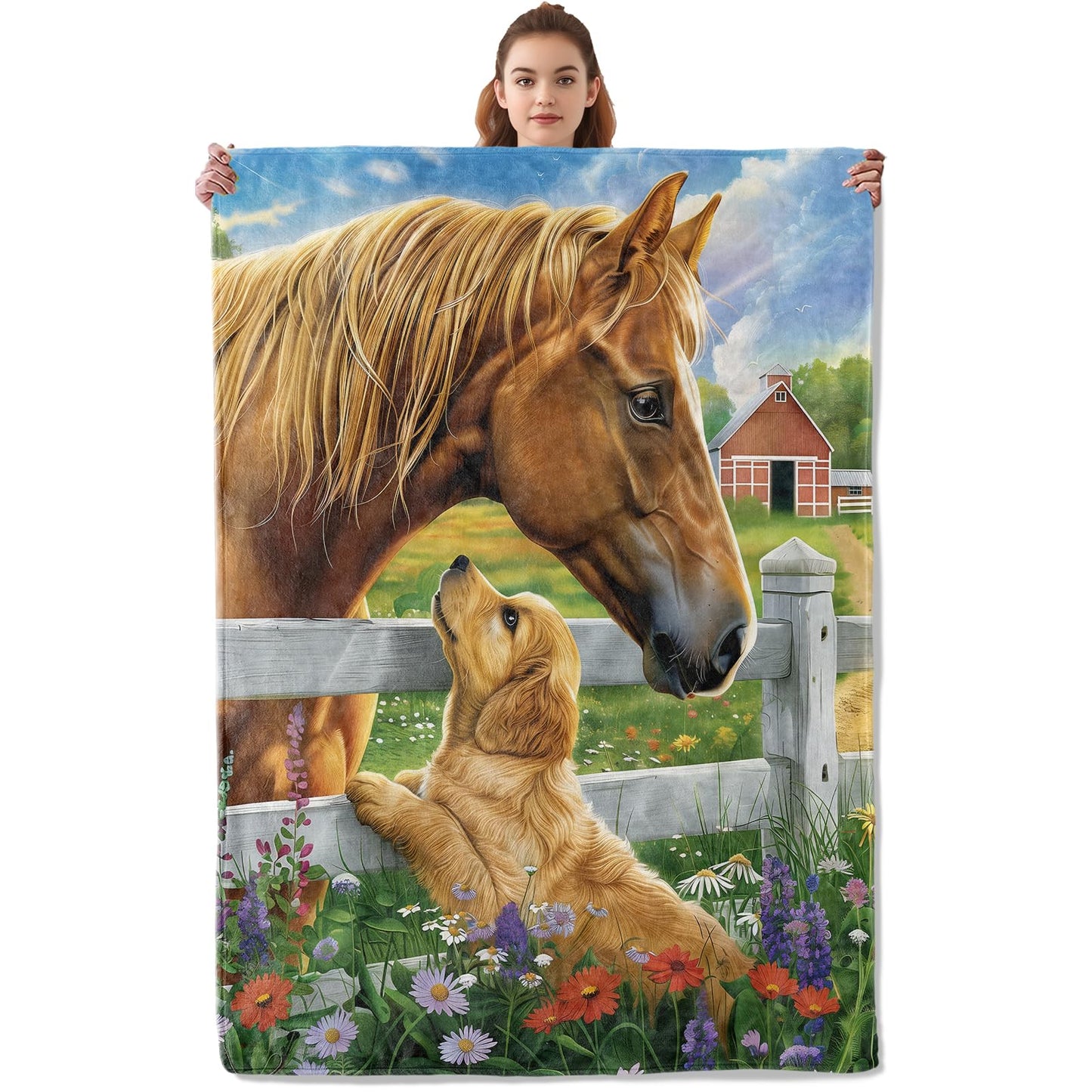 Kibue Horse & Puppy Blanket, Soft & Warm Flannel Throw - Cozy Plush Lightweight Blankets for Travel, Sofa, Bedroom, Office, Decor for Adults Kids - Ideal for All Seasons 60"×50"