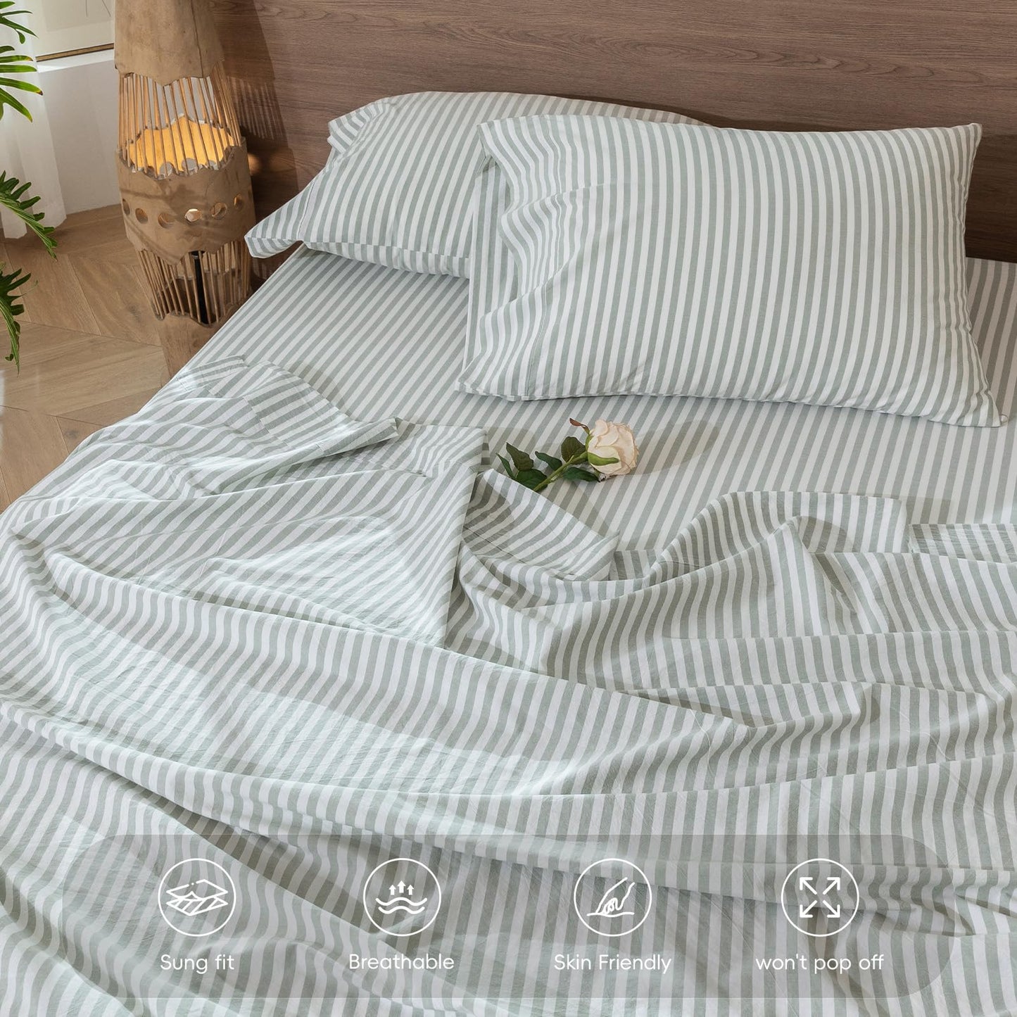 MooMee Striped Fitted Bottom Sheet Only 100% Washed Cotton Linen Like Textured Breathable Durable Soft Comfy Deep Pocket Fits Mattress up to 17" (Sage Green White Classic Stripes, Queen)
