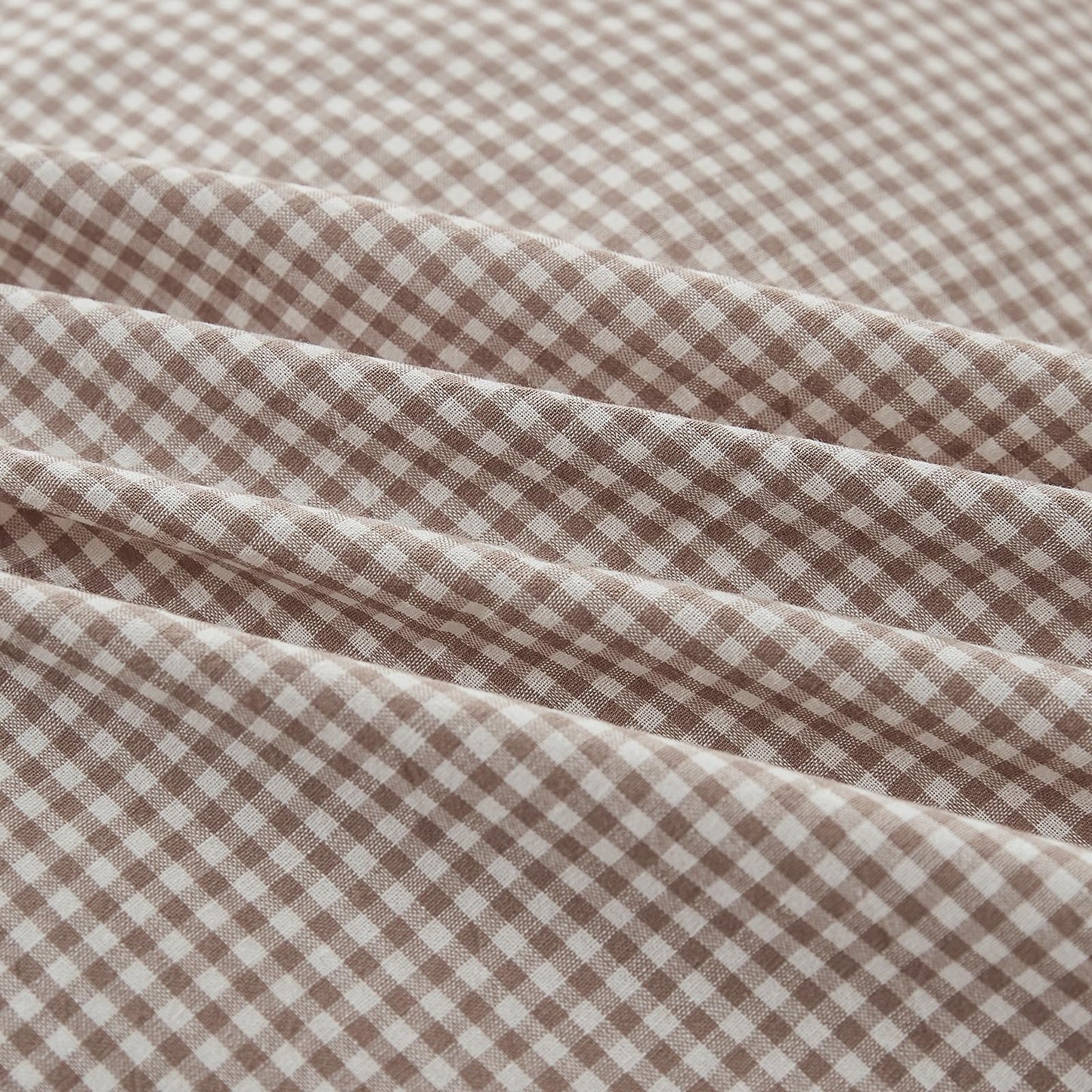 VM VOUGEMARKET Tan Paid Duvet Cover Queen 100% Washed Cotton Like Linen Bedding Set Soft Breathable 3 Piece Mini Gingham Checkered Comforter Cover Set (Queen 90"x90", Comforter Not Included)