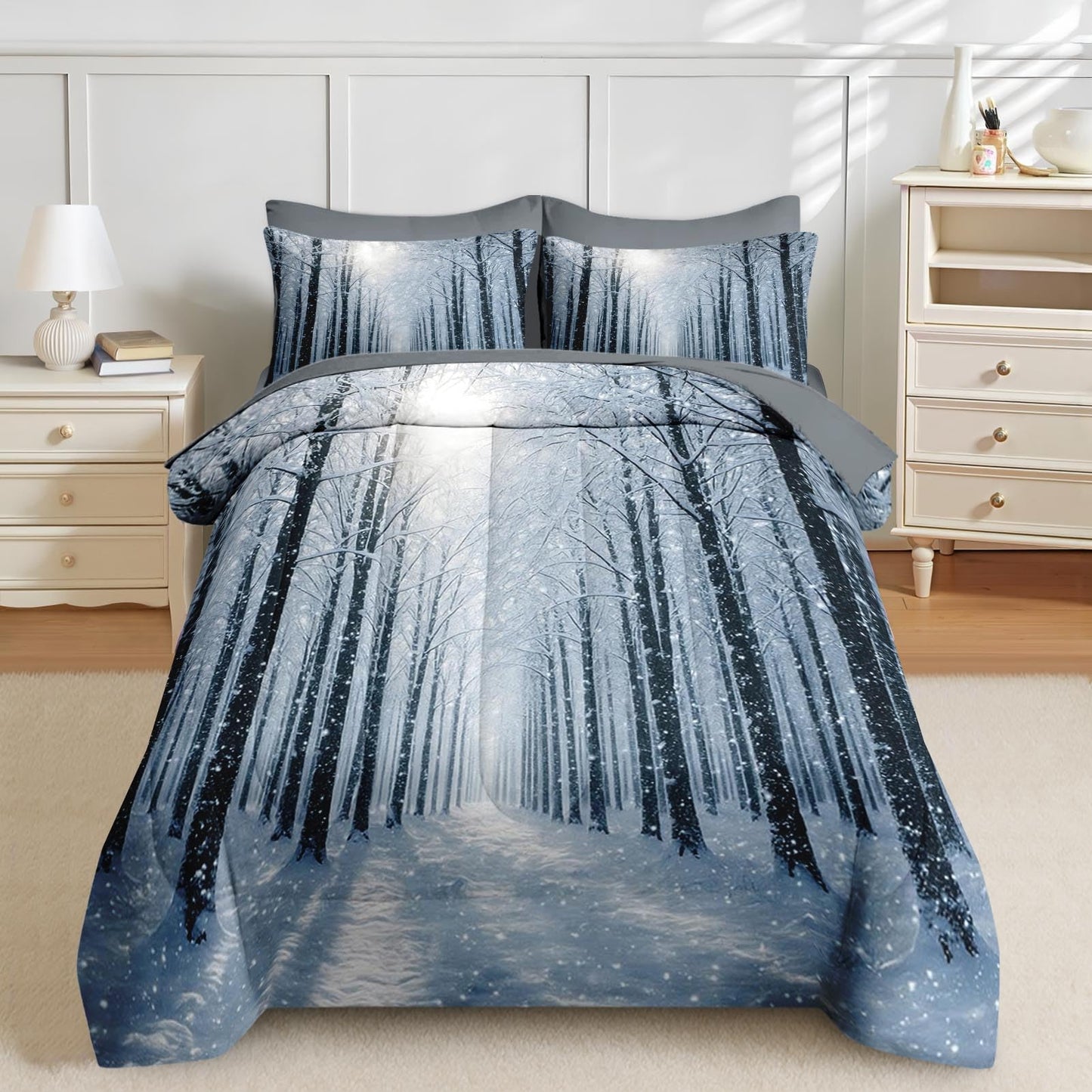 Nesker Christmas Comforter Set Full Size, Snowy Woodland Winter 7 Pcs Bedding for Kids and Adults, Frosted Forest Bed Sheet Sets with Fitted Sheet 2 Pillowcases & 2 Shams