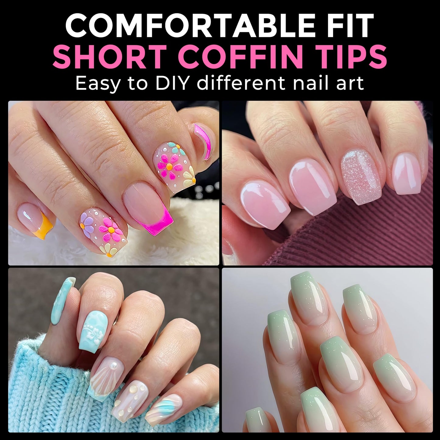 UNA GELLA Short Coffin Nail Tips: 216pcs Short Coffin Press on Nails Pre-shape Gel Nail Tips for Full Cover Acrylic Nails False Nails For Nail Extension Home DIY Salon 12 Sizes Gelly Tips